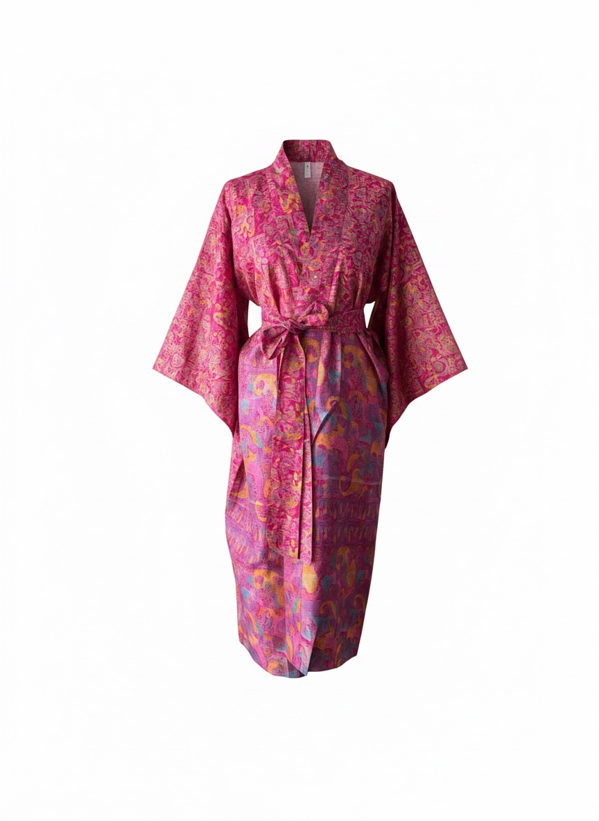 Upcycled sari silk kimono robe in regal Rani pink, handcrafted in India