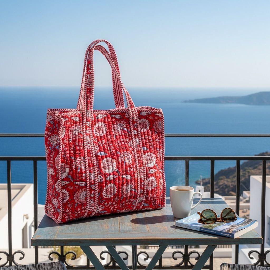 Screen printed quilted cotton tote bag in bold red and white floral pattern by Jewelled Buddha, styled on a Mediterrean balcony with sea views.