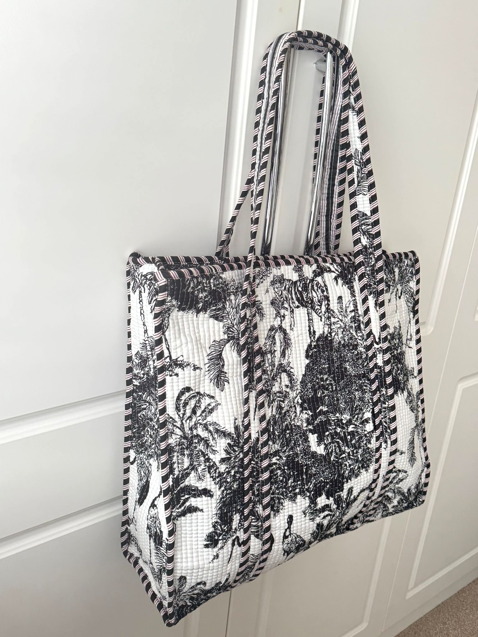 Handmade jungle Toile screen printed quilted cotton tote bag in black and white doile de jouy print with contrasting diagonal striped trims by Jewelled Buddha
