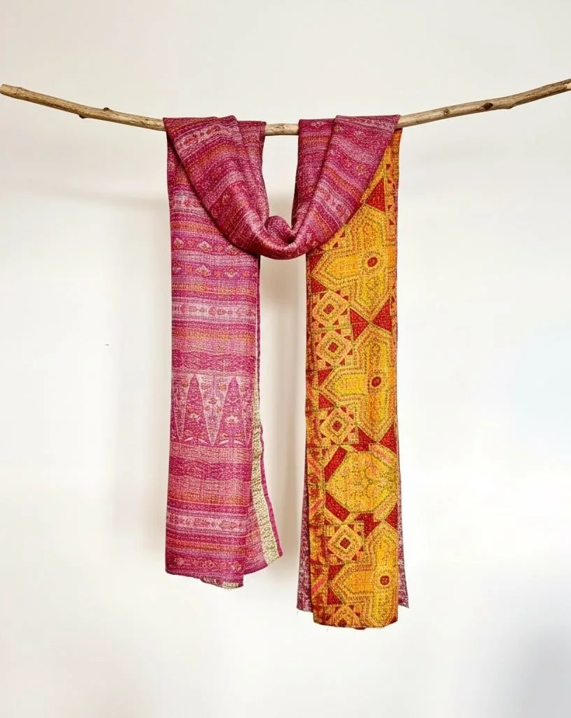Colourful handmade scarf made from sari silk fabric upcycled with kantha embroidery