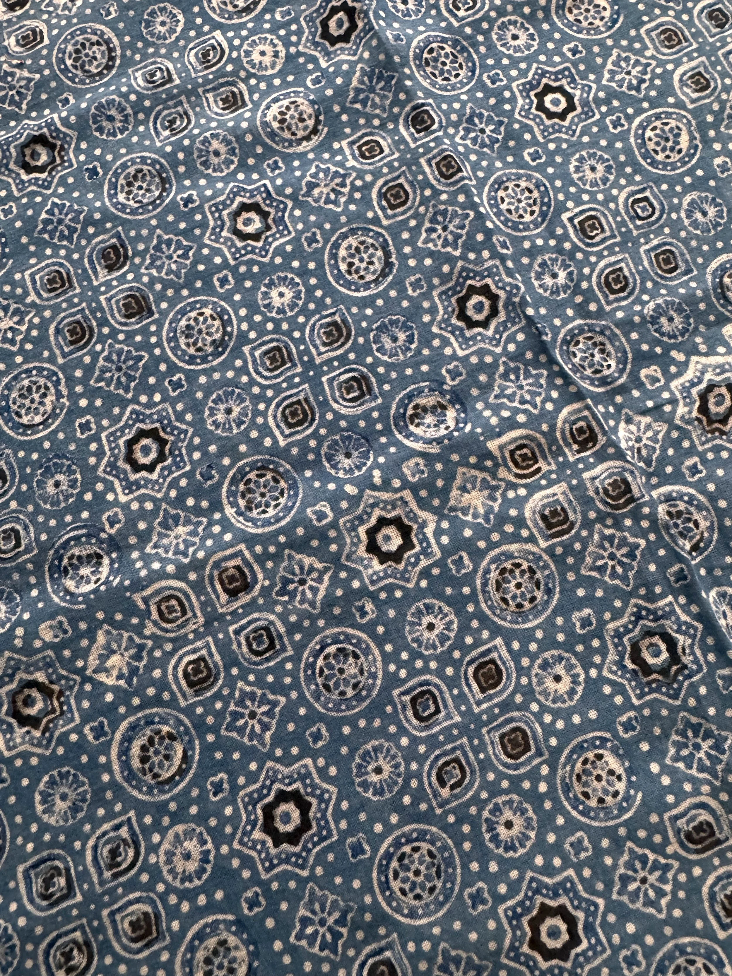 Handcrafted Ajrakh pattern of stars, rosettes and dots on indigo cotton, made by artisan Sufiyan Ismail Khatri