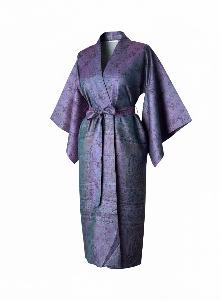 Long kimono robe in two-tone purple and blue paisley and floral print, fastened at the waist with a matching tie belt, worn on a dressmaker's mannequin against a grey wall