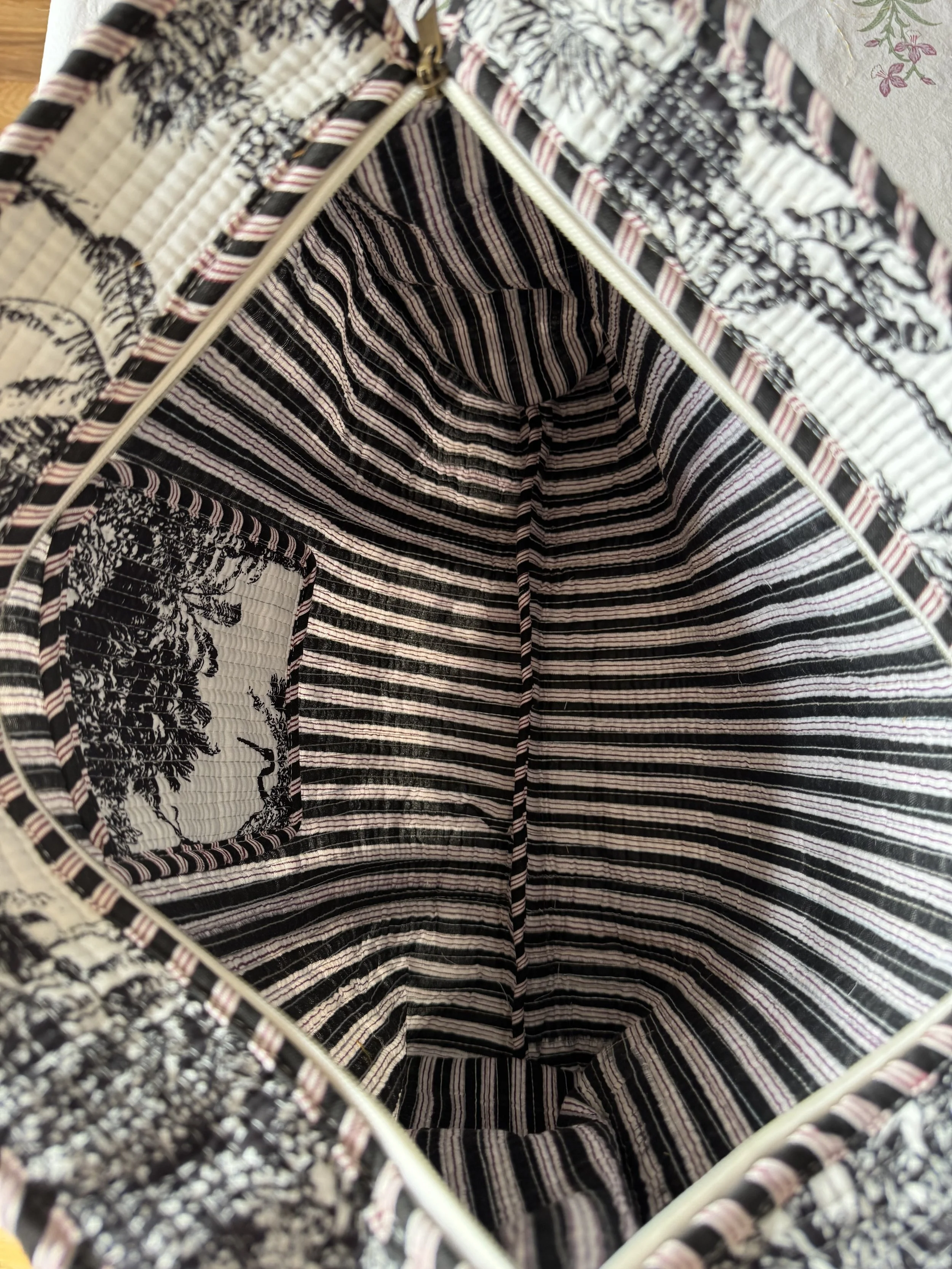 Striped interior lining of handmade quilted cotton tote bag