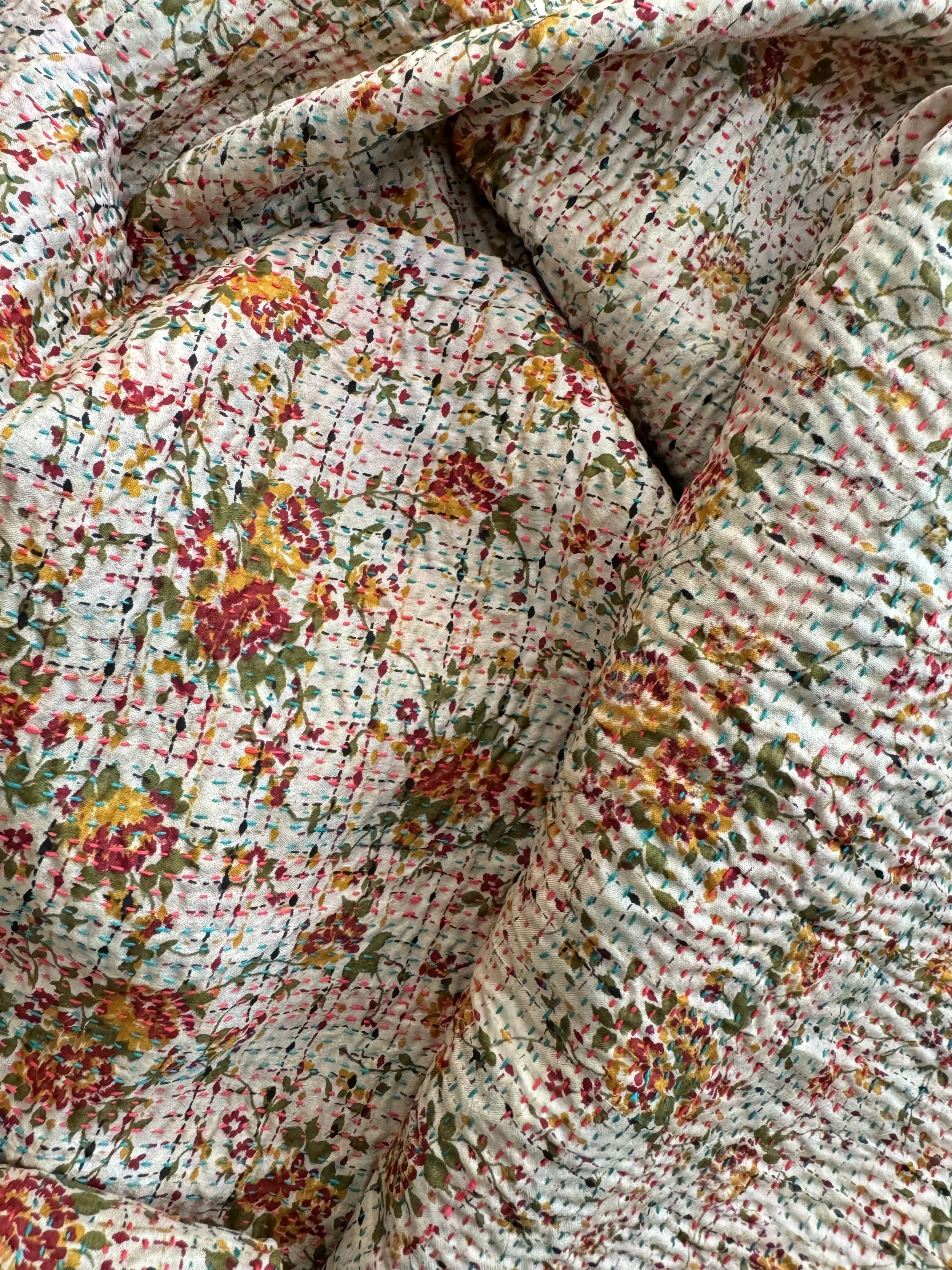 Floral recycled sari fabric upcycled with kantha stitch
