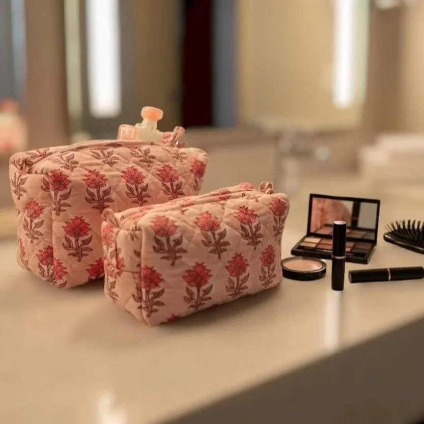 Quilted Cotton Ladies Wash Bag Set of 3 - Blush Pink
