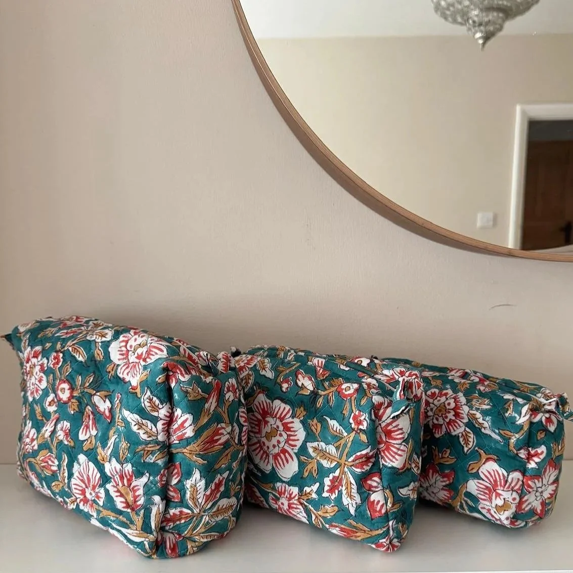 Botanical Block Print Wash Bag Set Of 3 - Teal/White