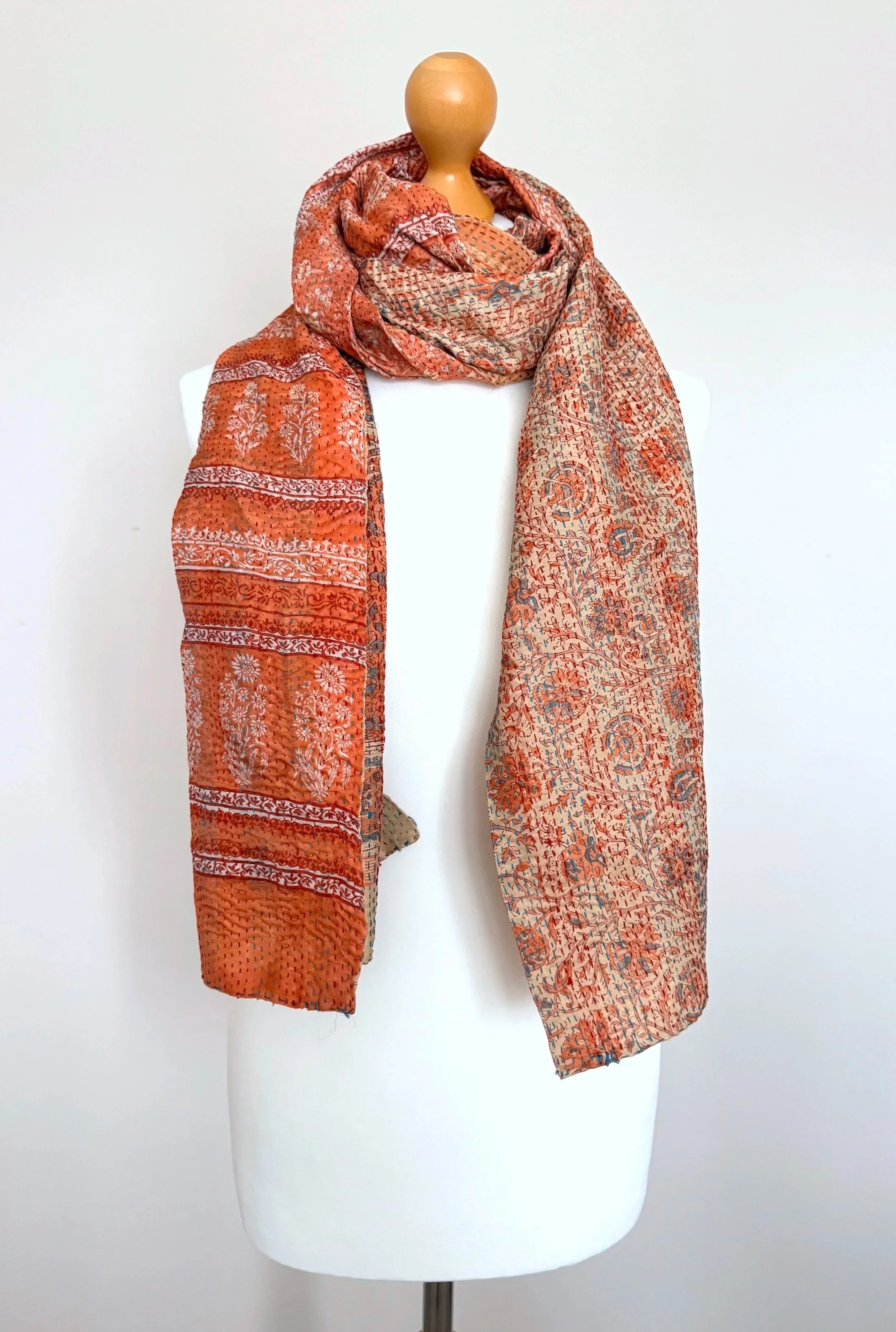 Colourful upcycled silk scarf handmade from recycled sari silk upcycled with hand embroidered Kantha stitch.