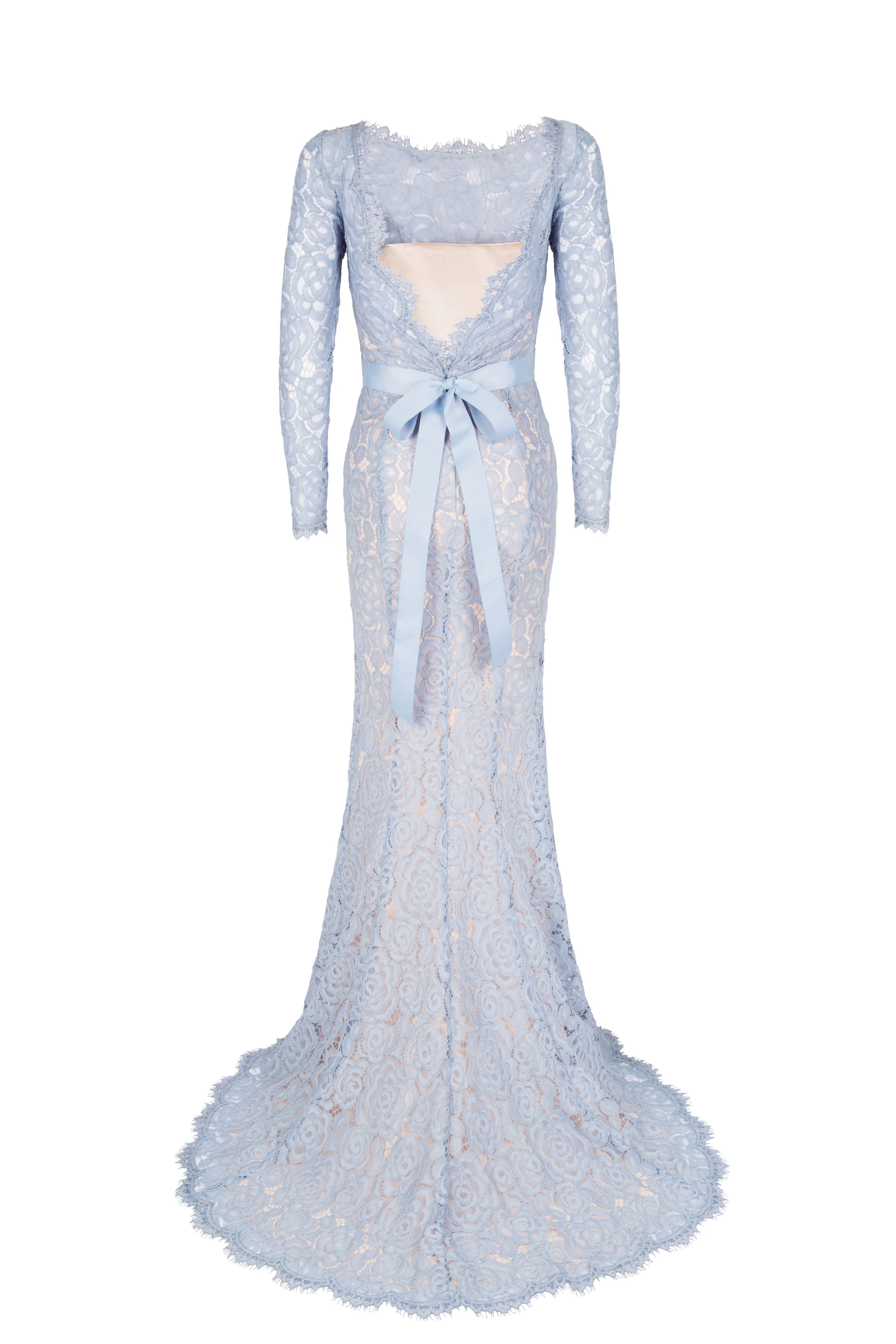 Pictured from the back to showcase the V-back and sweeping train, vintage style pale blue bridesmaid dress.