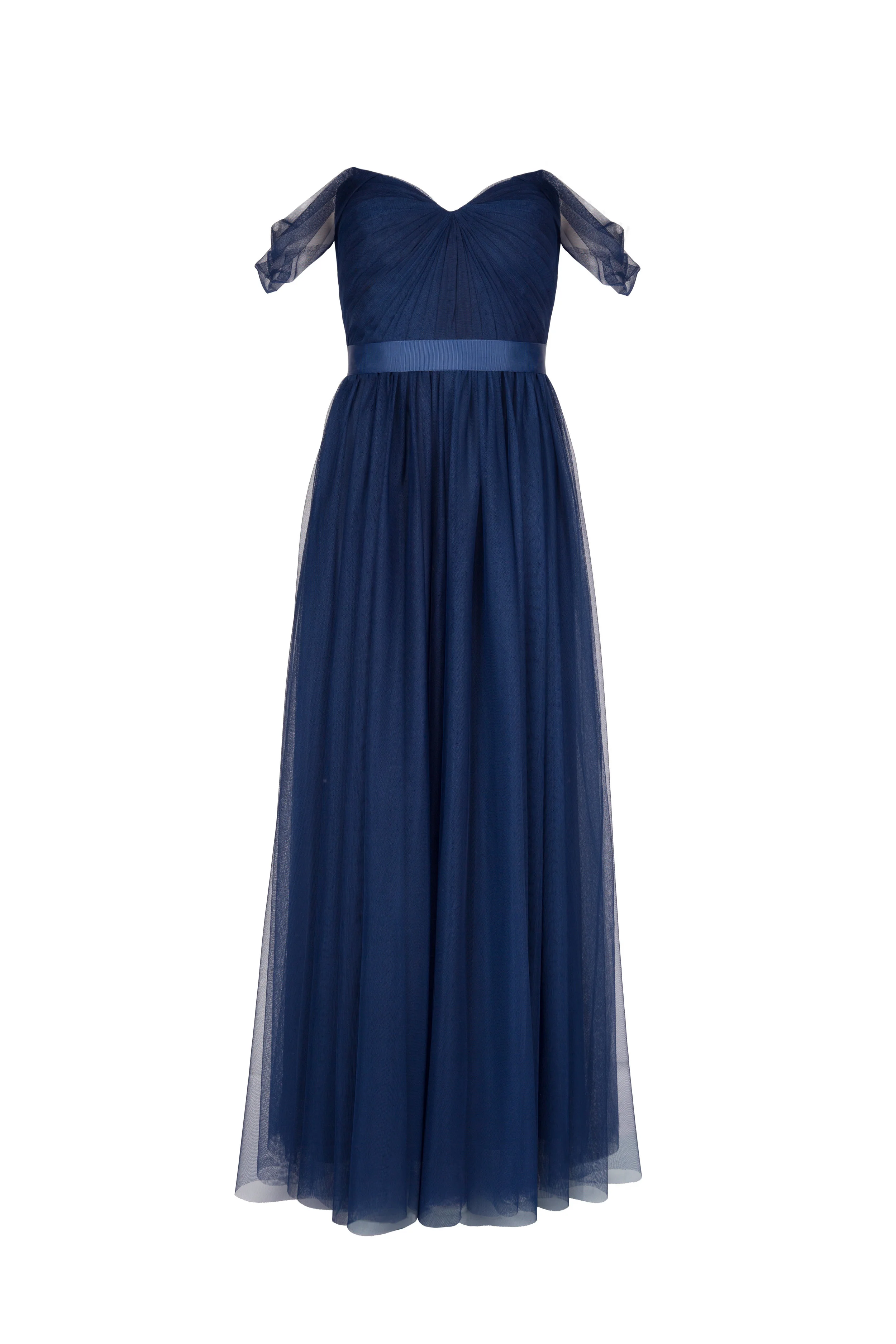 Off-the-shoulder navy dress with flowing skirt, ribbon belt and sweetheart neckline.