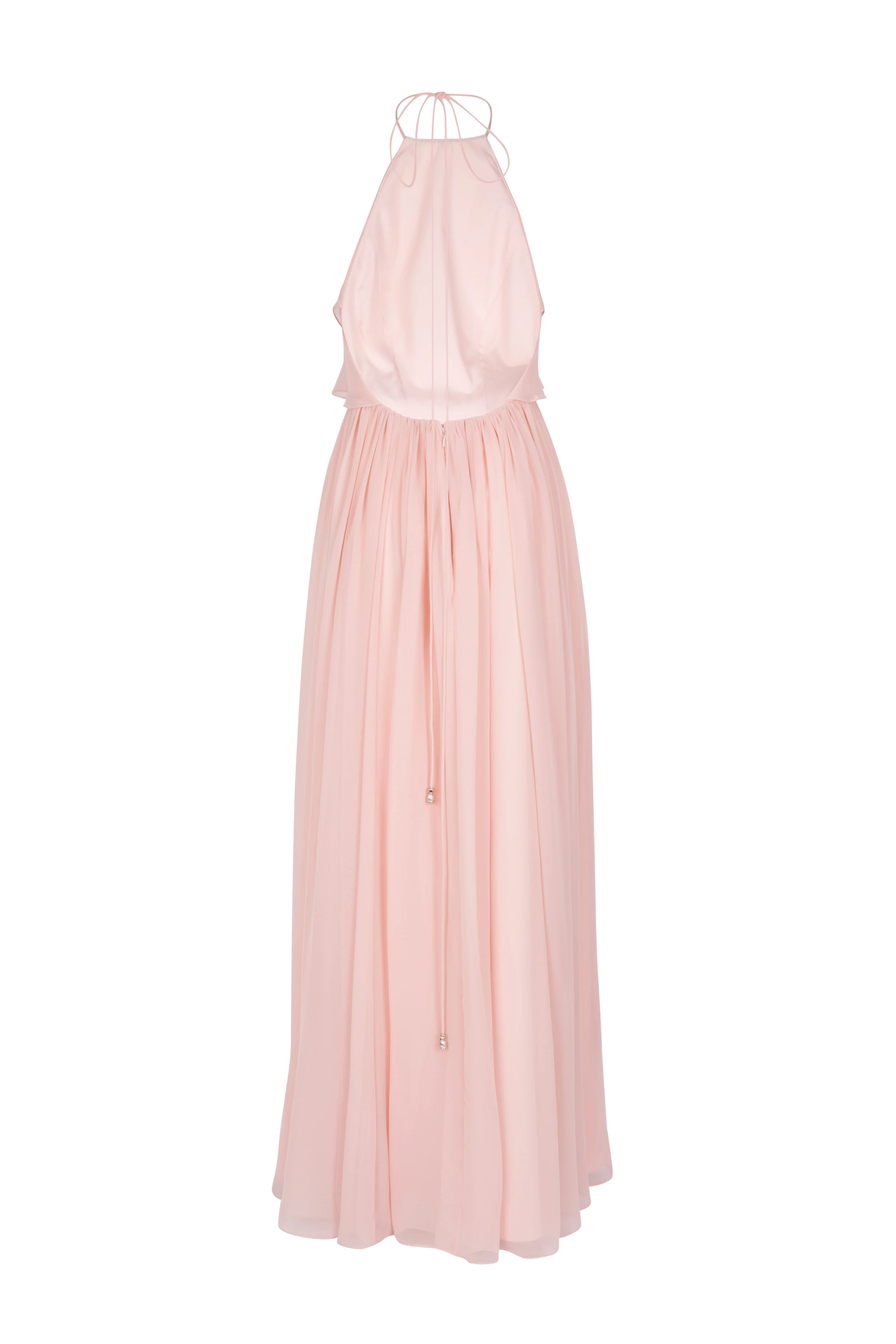 Relaxed pink floor-length formal gown pictured from the back with spaghetti style ties.