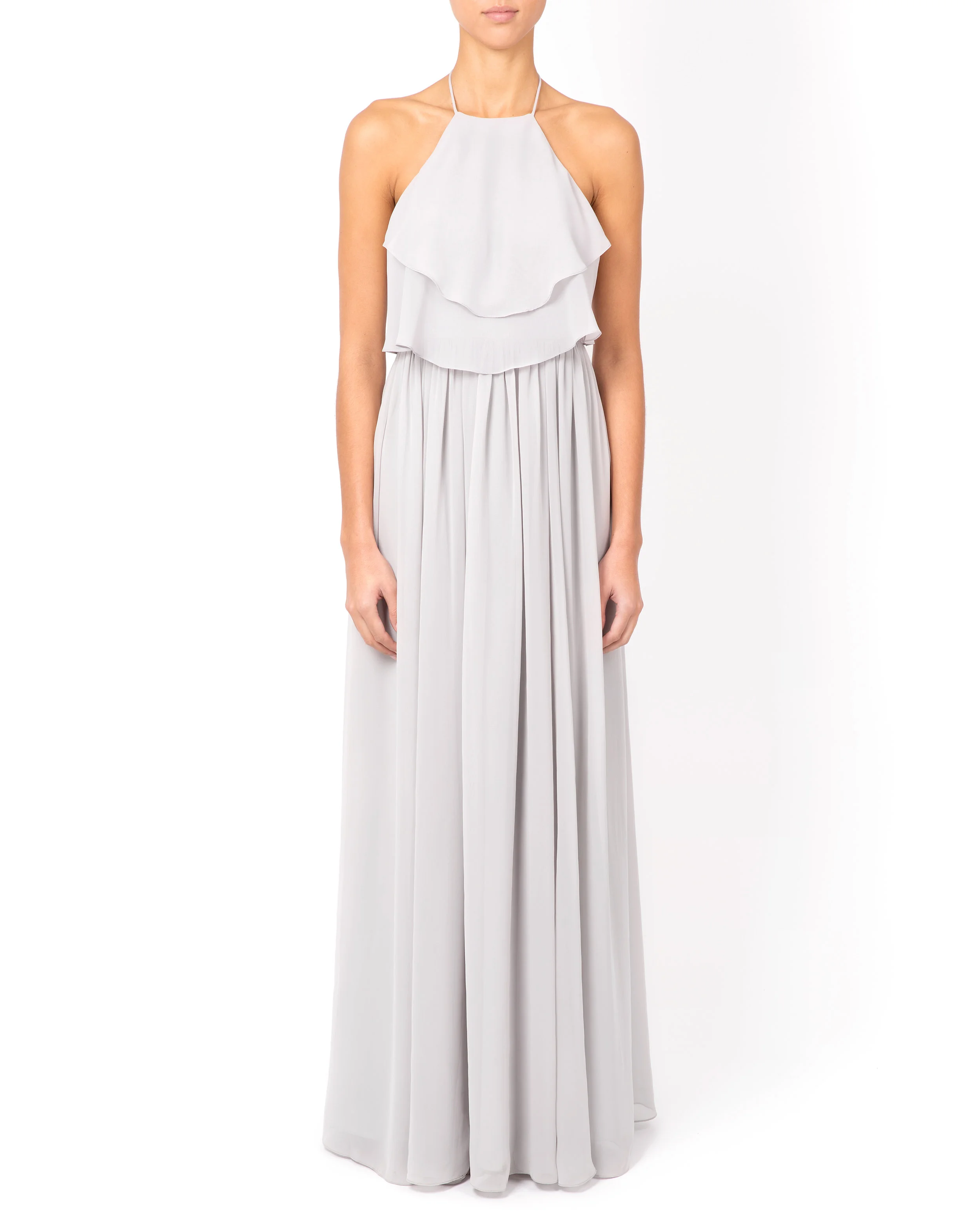 Front view of the Olympia design in metallic grey, a modern boho maxi dress for special occasions.