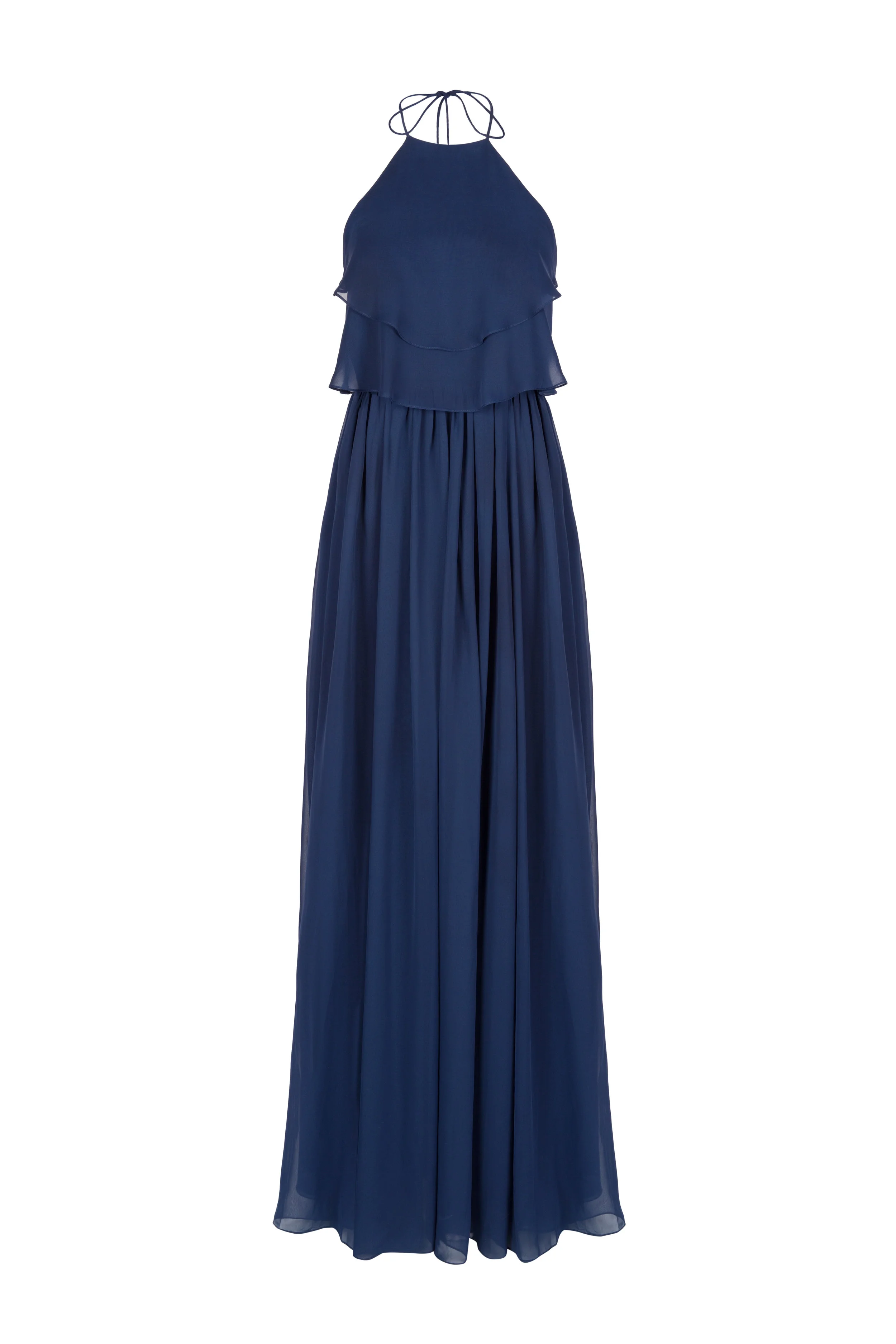 Inky navy halterneck occasion dress with a frilled bodice and flowing skirt.