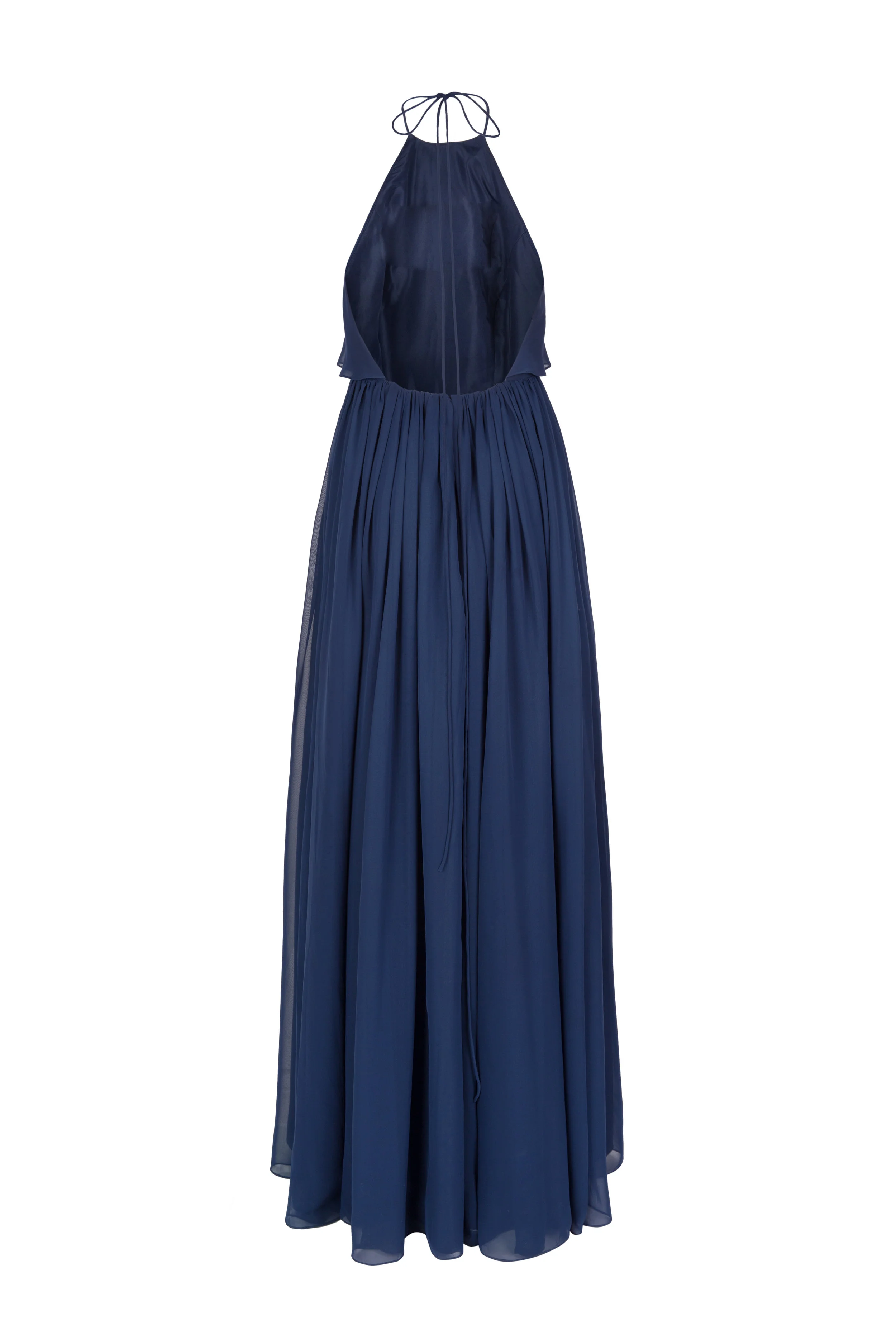 Silhouette of Olympia in navy pictured from the back, showing the scoop back and long ties.