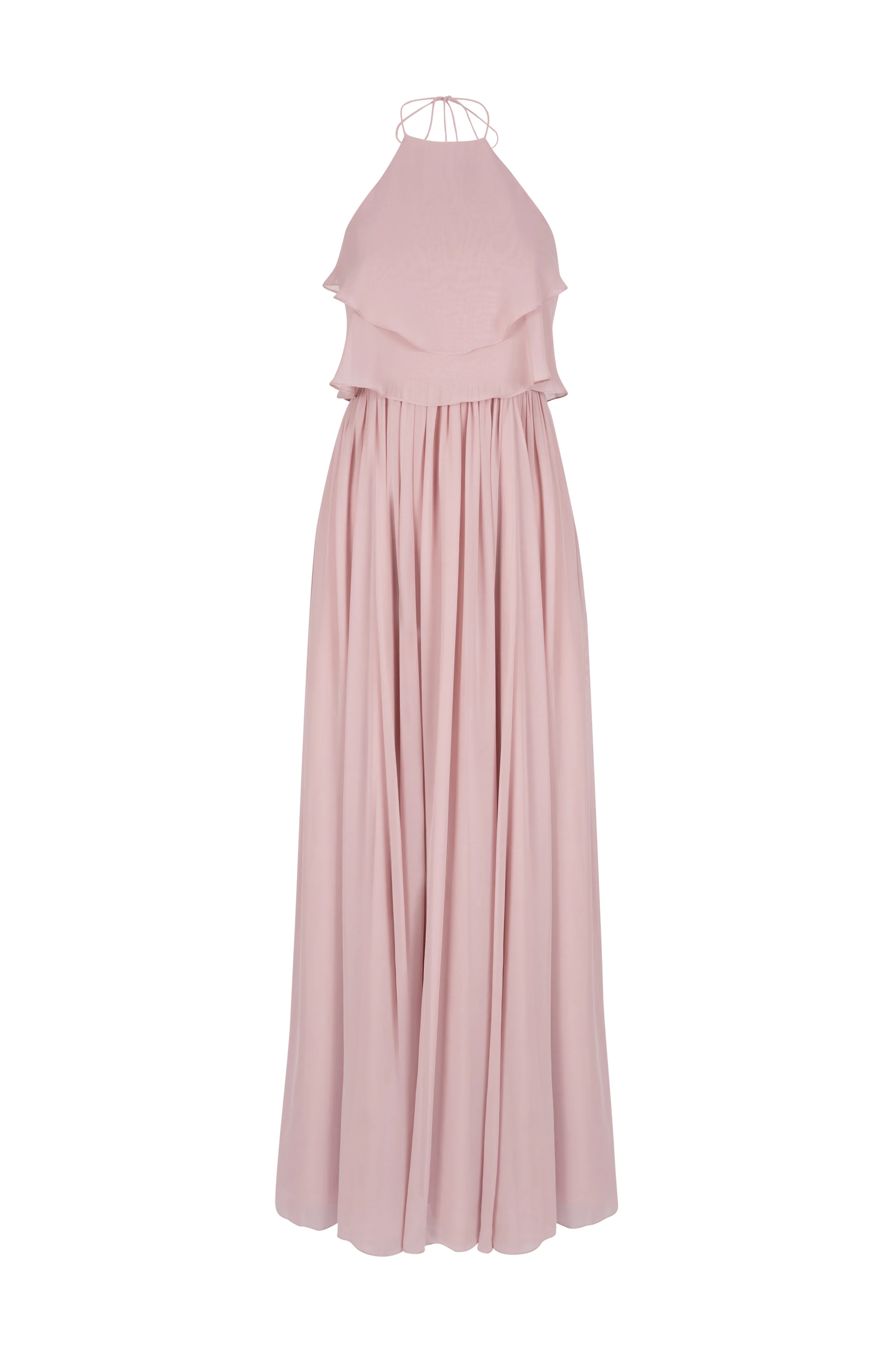 Halterneck bridesmaid dress with layered bodice and flowing skirt in blush smoked orchid.