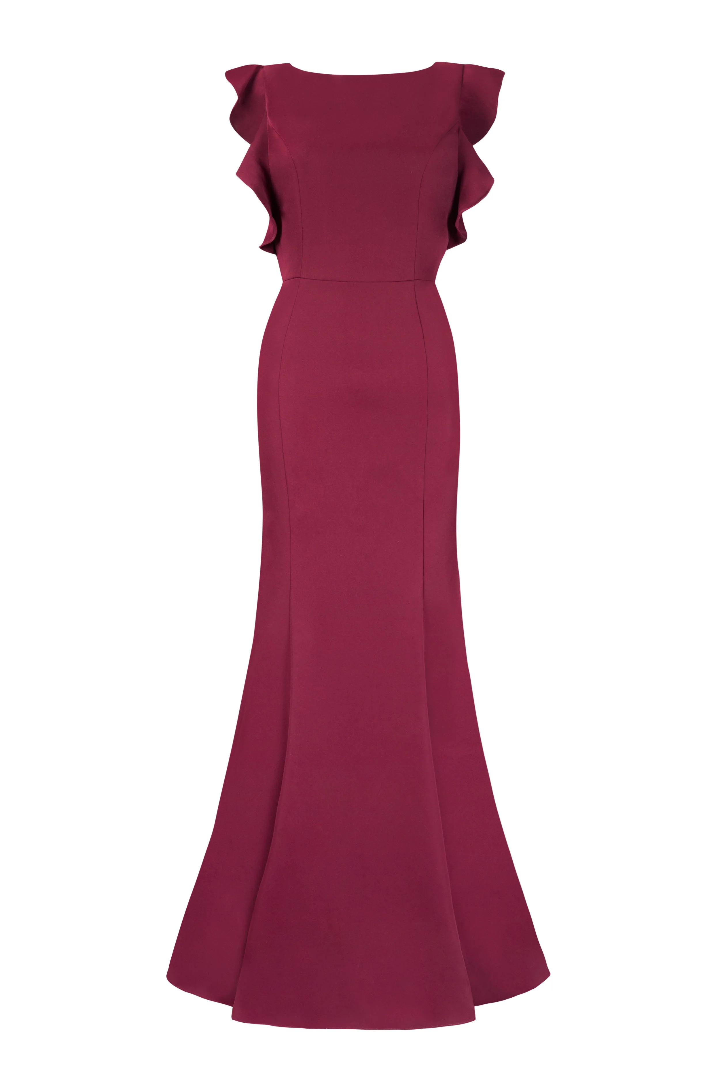 Opulent burgundy bridesmaid dress with mermaid silhouette and statement frilled capped sleeves.