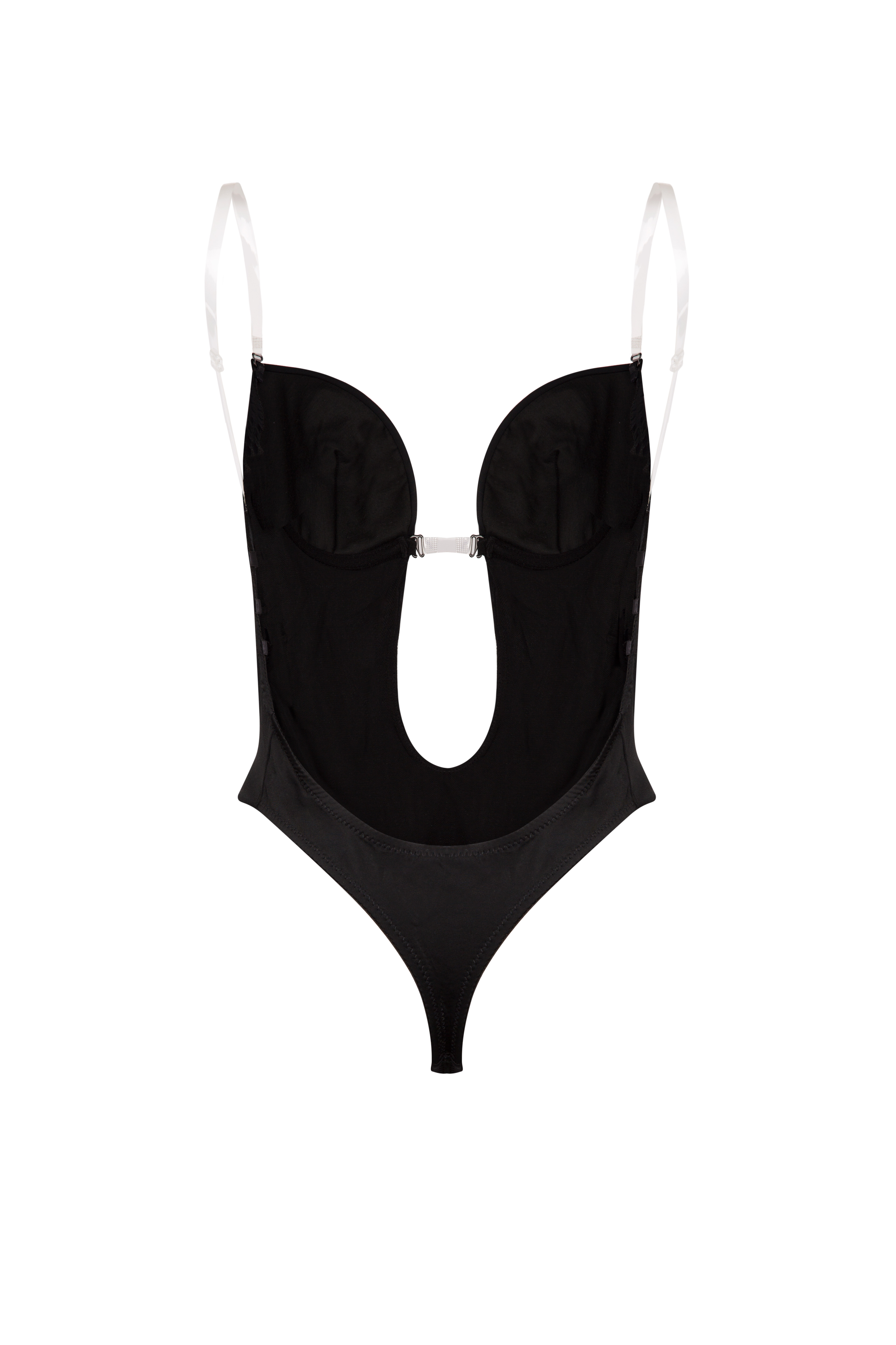 Backless bodysuit bridal lingerie in black with transparent straps and low neckline from the back.