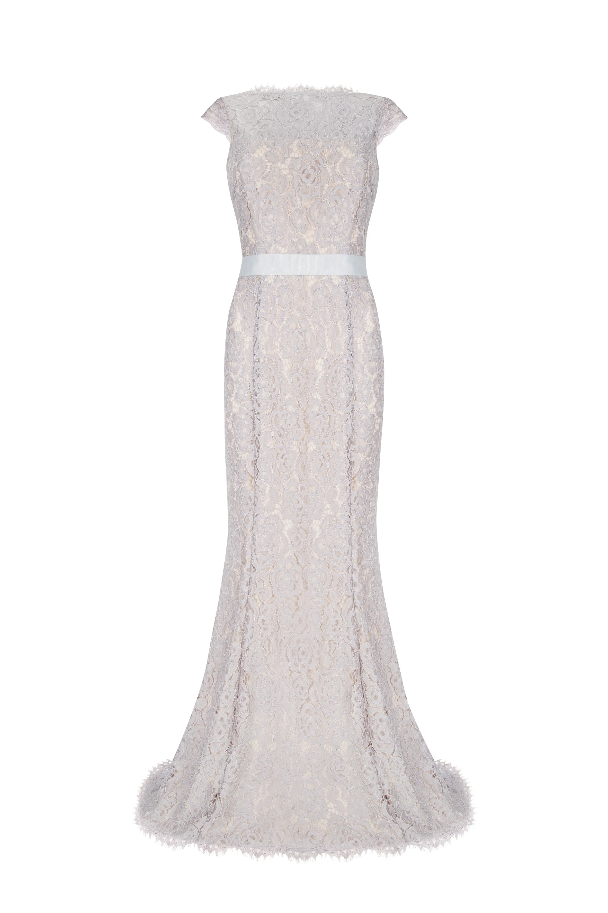 Affordable luxury silver lace bridesmaid dress with capped sleeves, ribbon belt and scalloped edge.