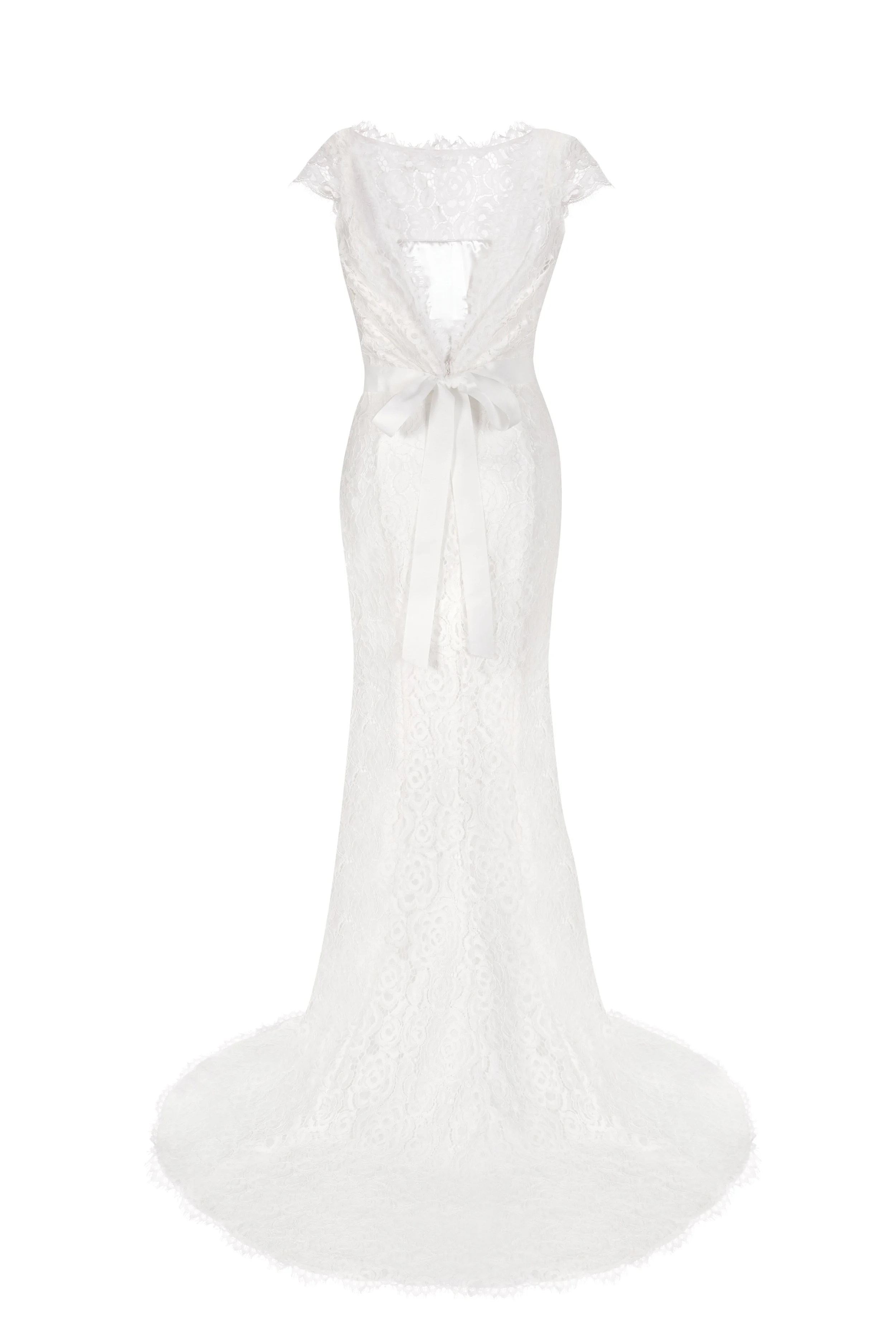 Vintage style white wedding dress seen from the back with a high neckline that contrasts the V-back.