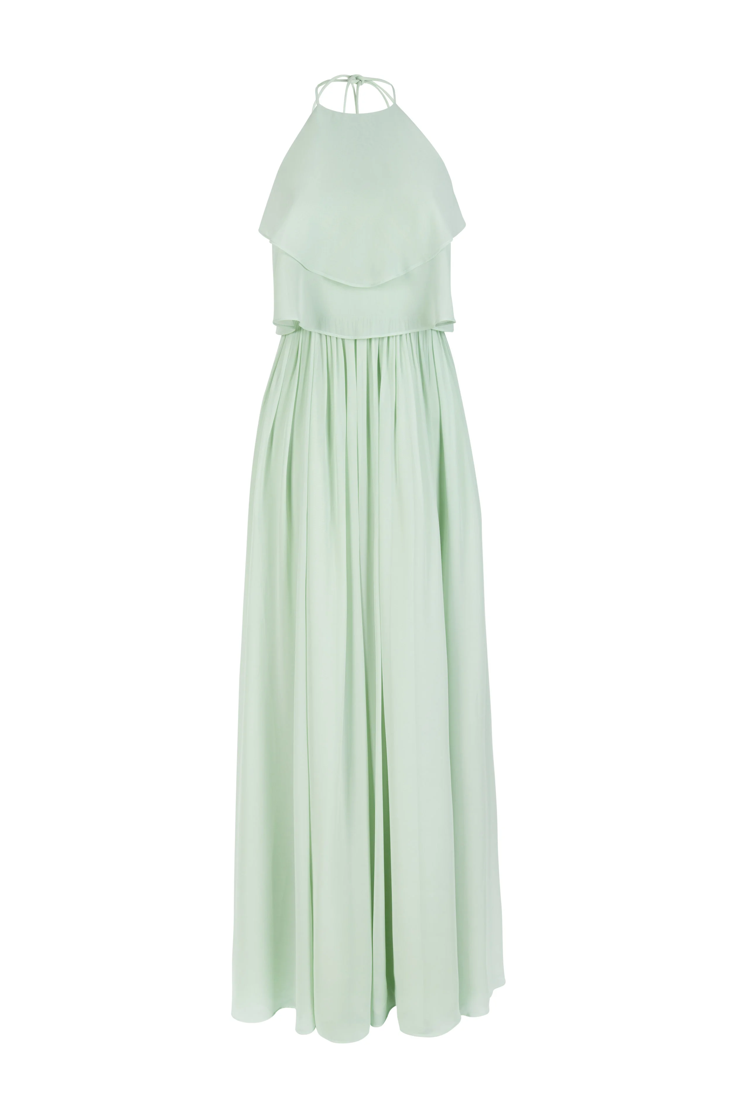 Pistachio green modern pastel full-length dress with layered bodice and boho halterneck.