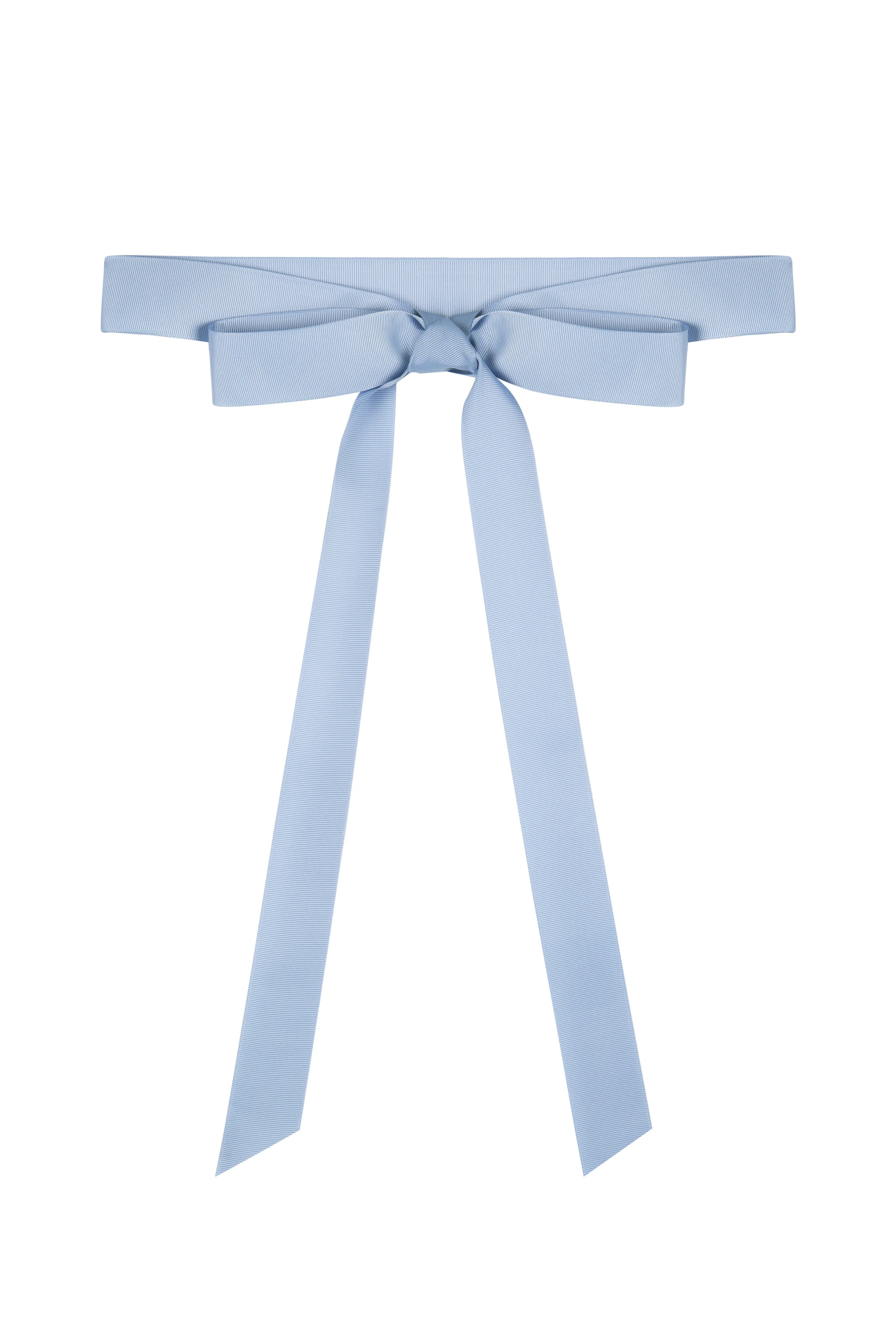 A delicate and whimsical pale blue grosgrain ribbon belt, tied in a bow.