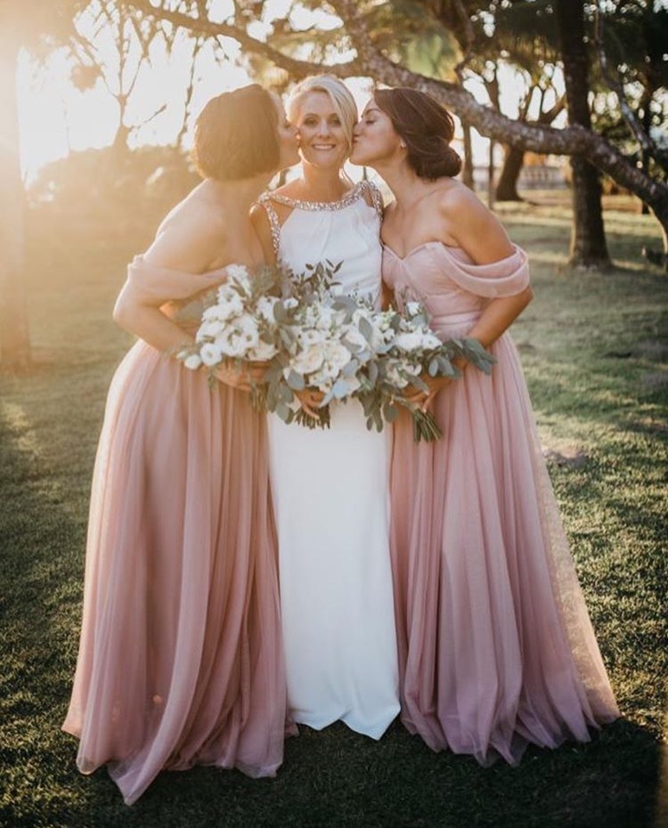pink bardot bridesmaid dresses