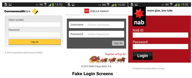 Fake login screens overlay the original banking one and are triggered when the application is launched and closes after the user fills their personal data. Image from a report by Security Week, 3/10/16.