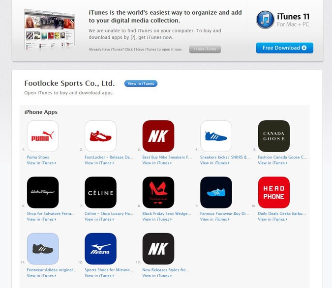 This image from a New York Times report, 11/6/16 about fake mobile apps illustrates how while the shoe retailer Foot Locker Inc. has three legitimate iPhone apps, an entity calling itself Footlocke Sports Co., Ltd. (note close but incorrect spelling of company) is offering 16 bogus shoe and clothing apps in the App Store.