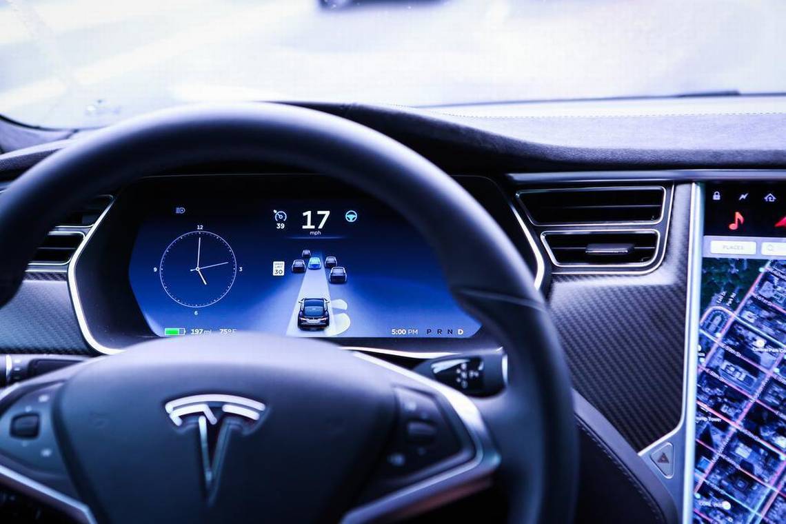 An instrument panel in a Tesla Model S P90D vehicle. Photo Credit: Christopher Goodney, Bloomberg, as reported by Miami Herald , 4/28/17.