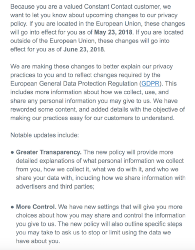 Recent email from Constant Contact notifying customers of their updated privacy policy.