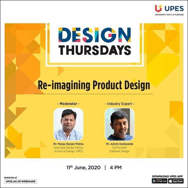 Coming Thursday , @ashishelephant will be sharing journey in&nbsp; #Design &amp; #productdesign with&nbsp; @upes_dehradun  @upes_sod &nbsp;with&nbsp; @manasmishra7  @mohan.manisha &nbsp;#ElephantDesign