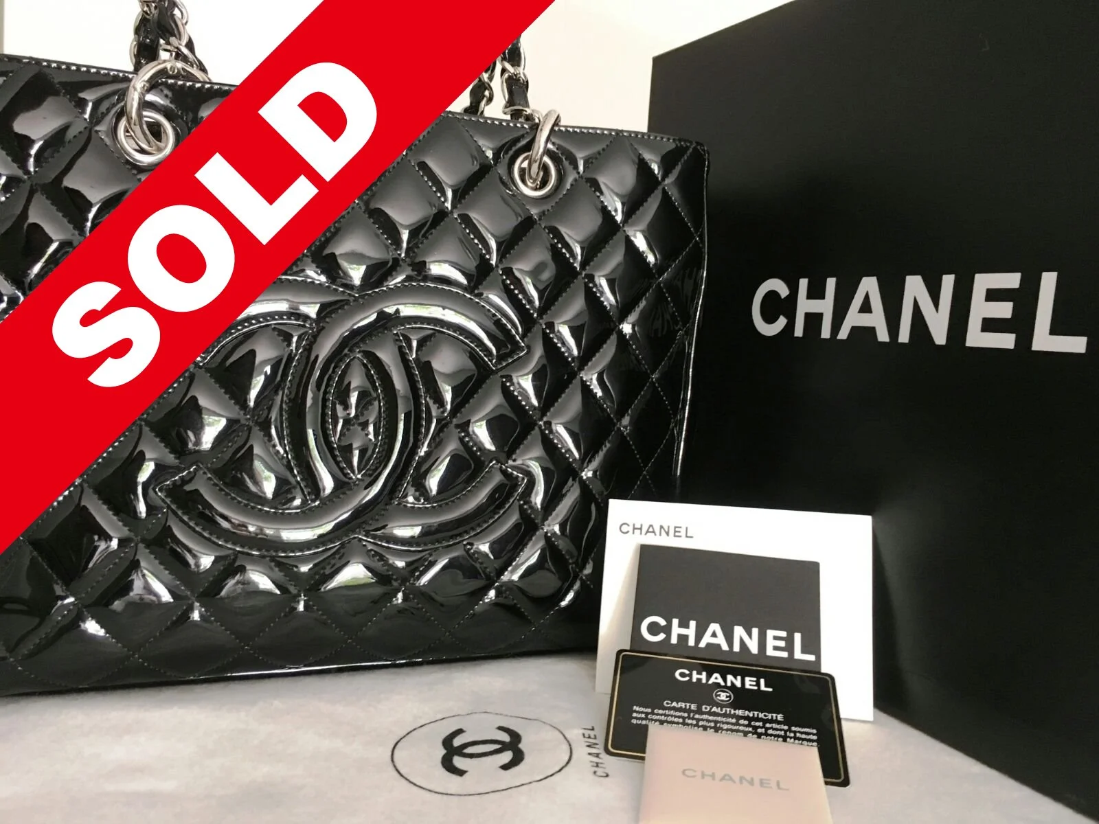 CHANEL Black Patent Grande Shopper Tote