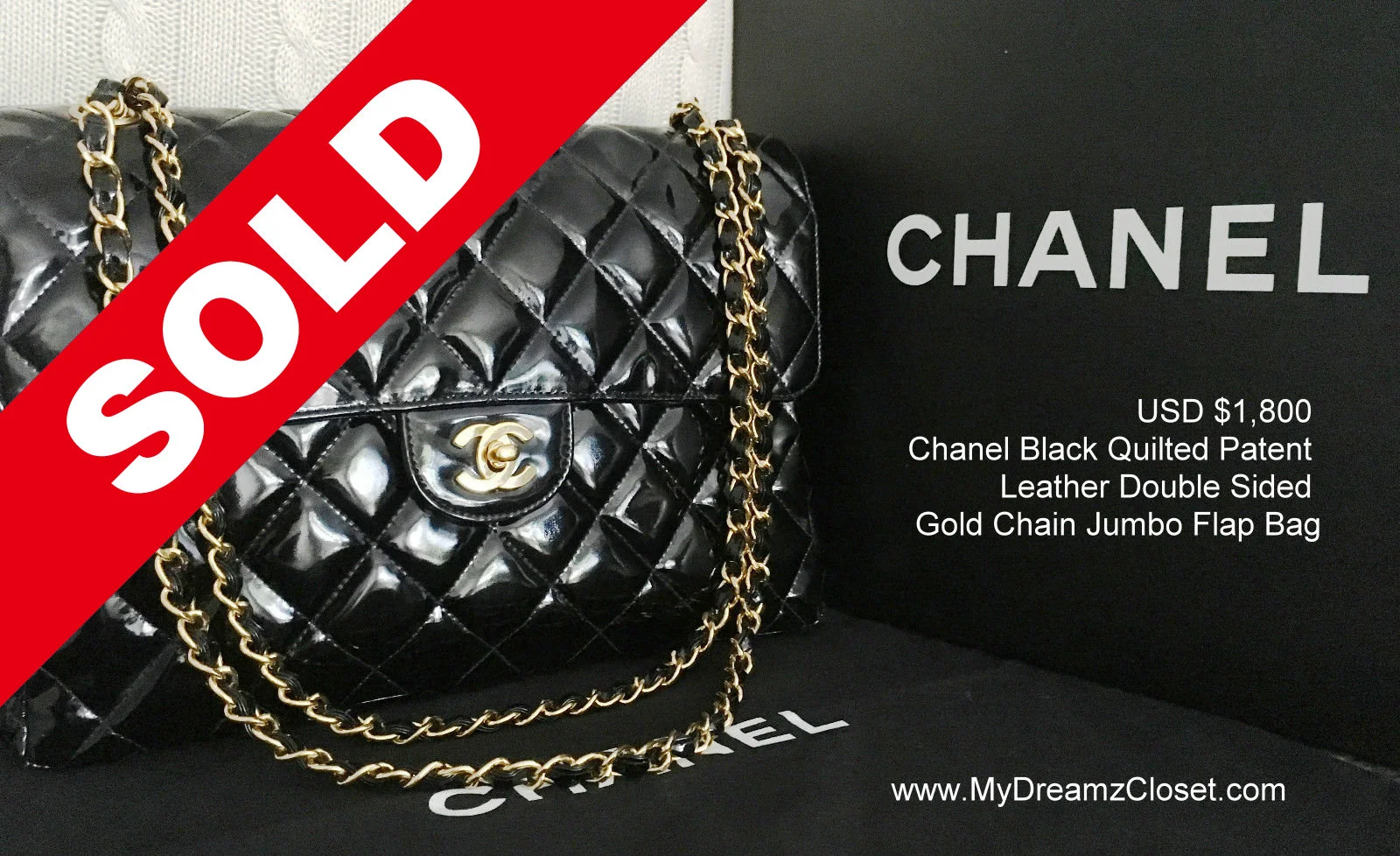 SOLD Patent 2 - 100% CHANEL Black Quilted Patent Leather Double Sided Gold Chain Jumbo Flap Bag