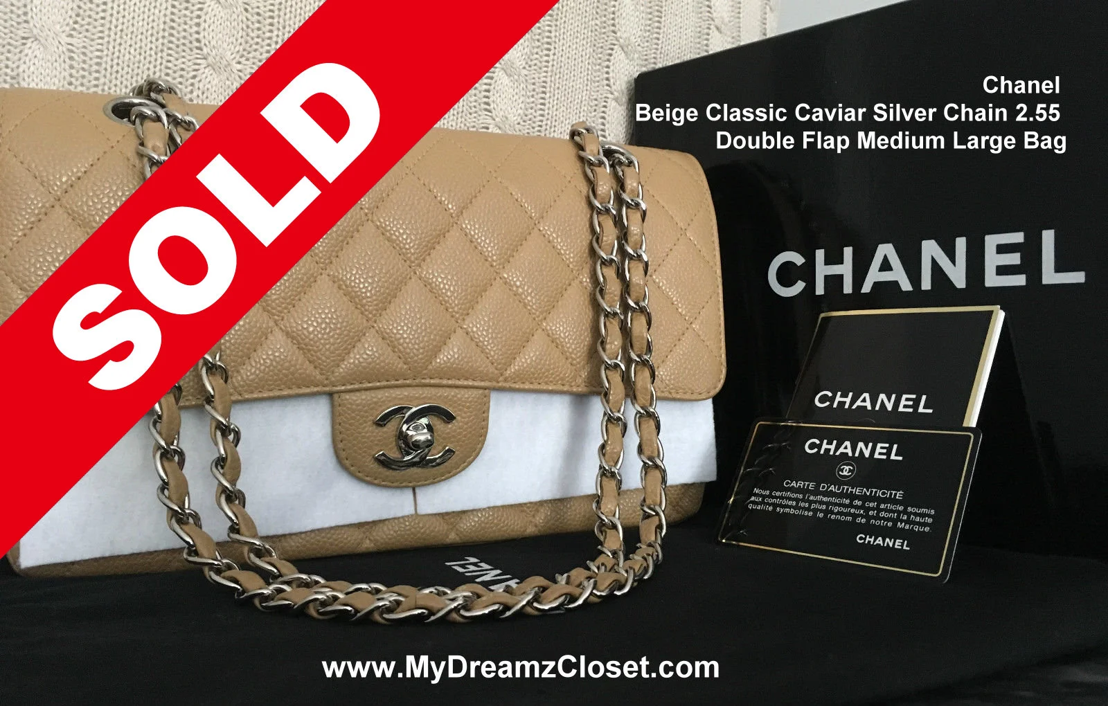 SOLD Caviar 3 - Feb 2017 - Beige Classic Caviar Silver Chain 2.55 Double Flap Medium Large Bag