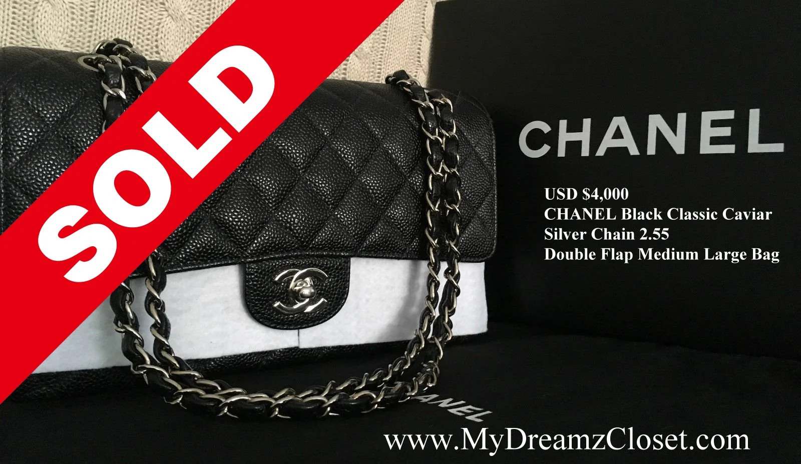 SOLD Caviar 2 - Feb 2017 - Caviar Silver Chain 2.55 Double Flap Medium Large Bag