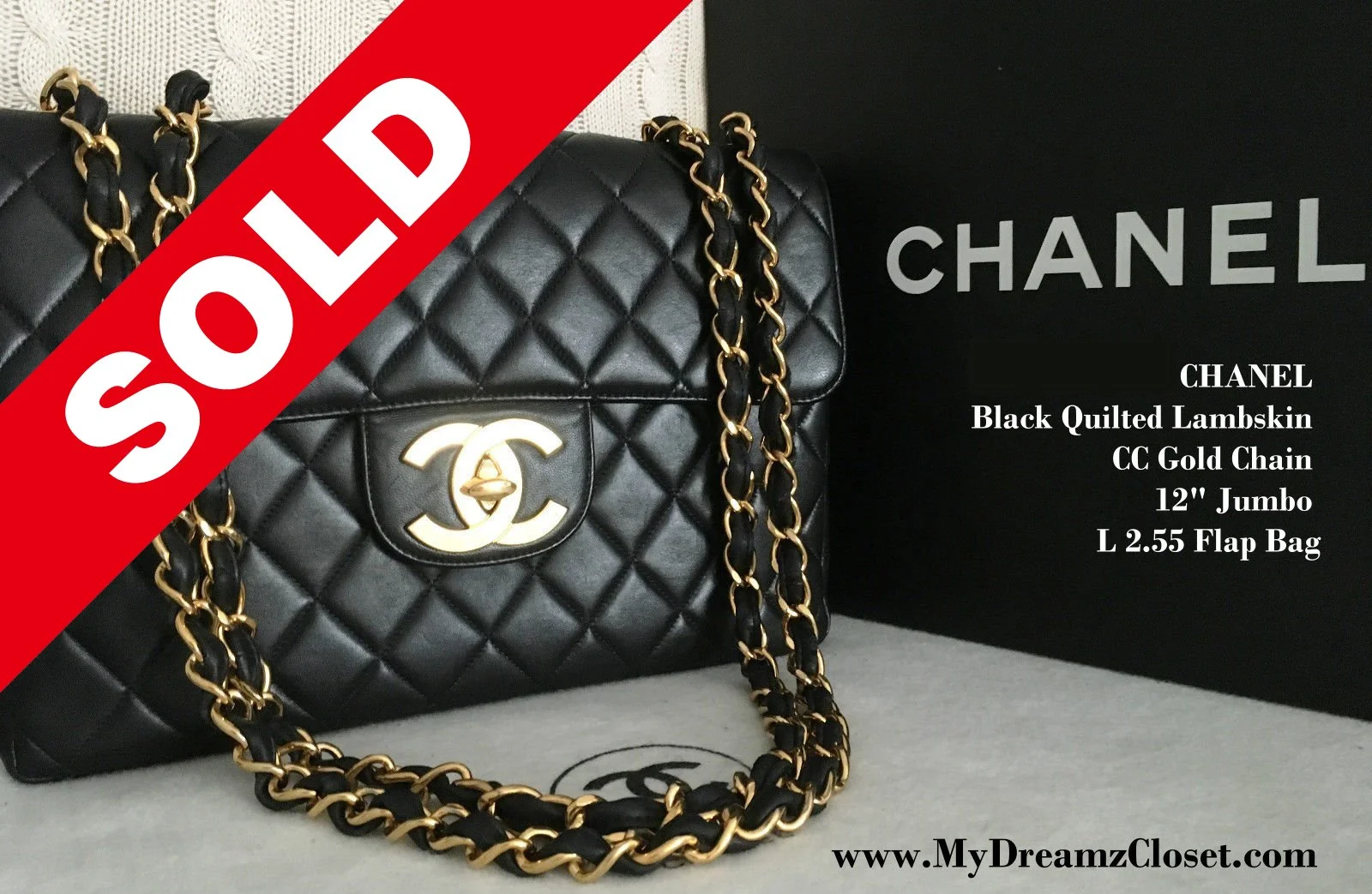 CHANEL Black Quilted Lambskin CC Gold Chain 12" Jumbo L 2.55 Flap Bag
