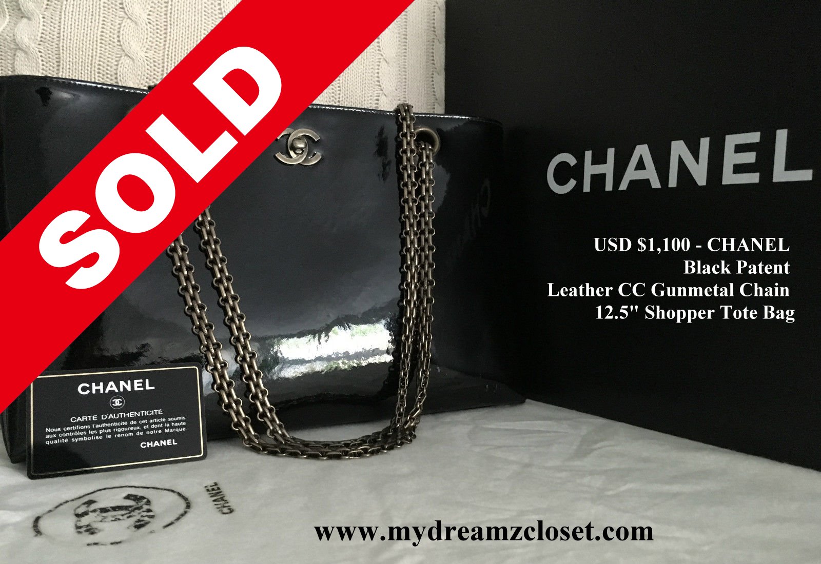 SOLD Patent 3 - CHANEL Black Patent Leather CC Gunmetal Chain 12.5" Shopper Tote Bag