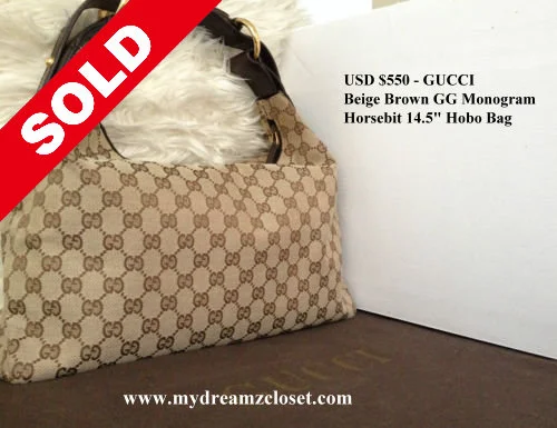 GUCCI Beige Brown GG Monogram Horsebit 14.5" Hobo Bag
