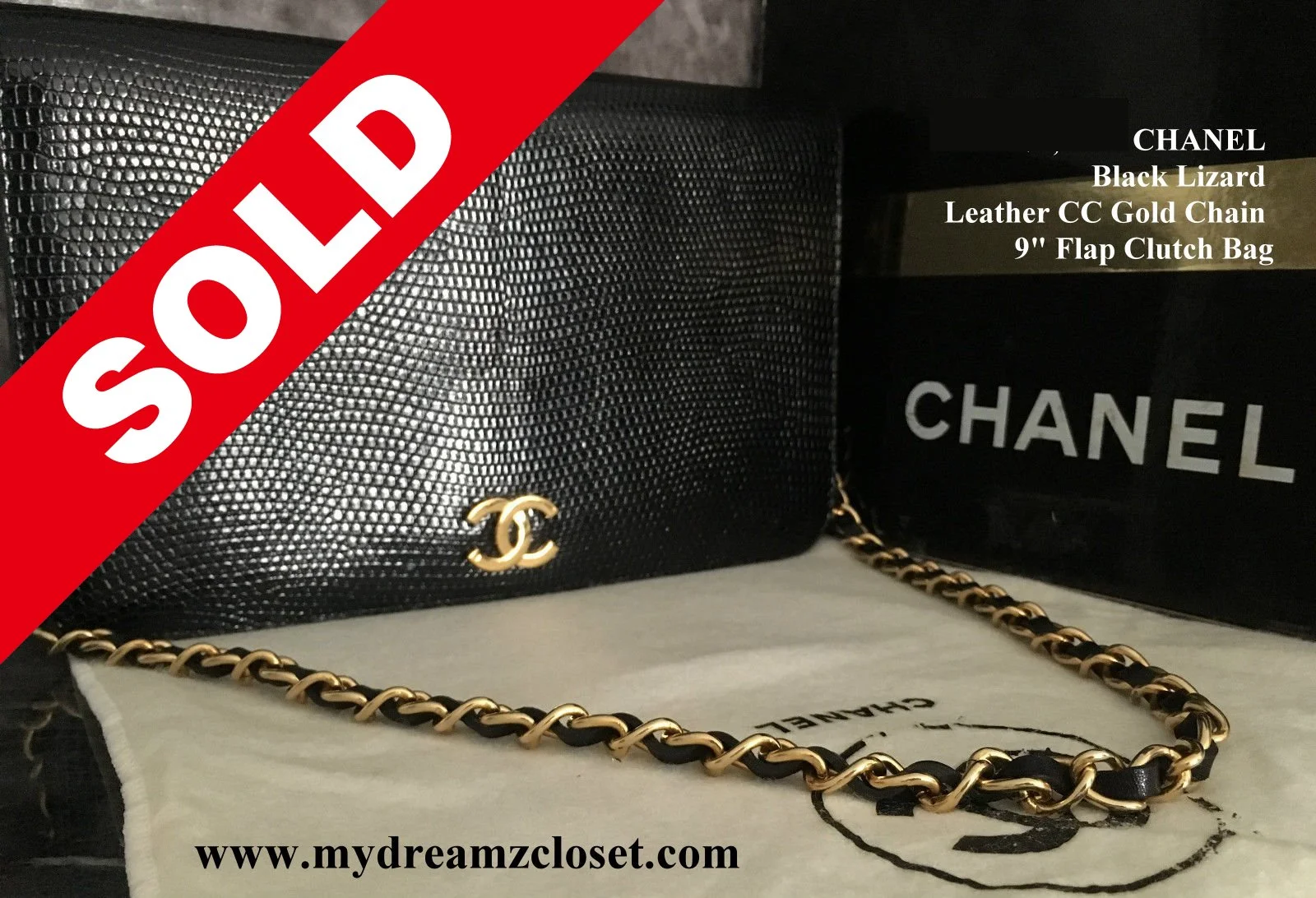 CHANEL Black Lizard Leather CC Gold Chain 9" Flap Clutch Bag