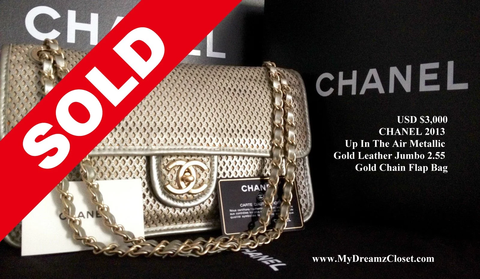 CHANEL 2013 Up In The Air Metallic Gold Leather Jumbo 2.55 Gold Chain Flap Bag