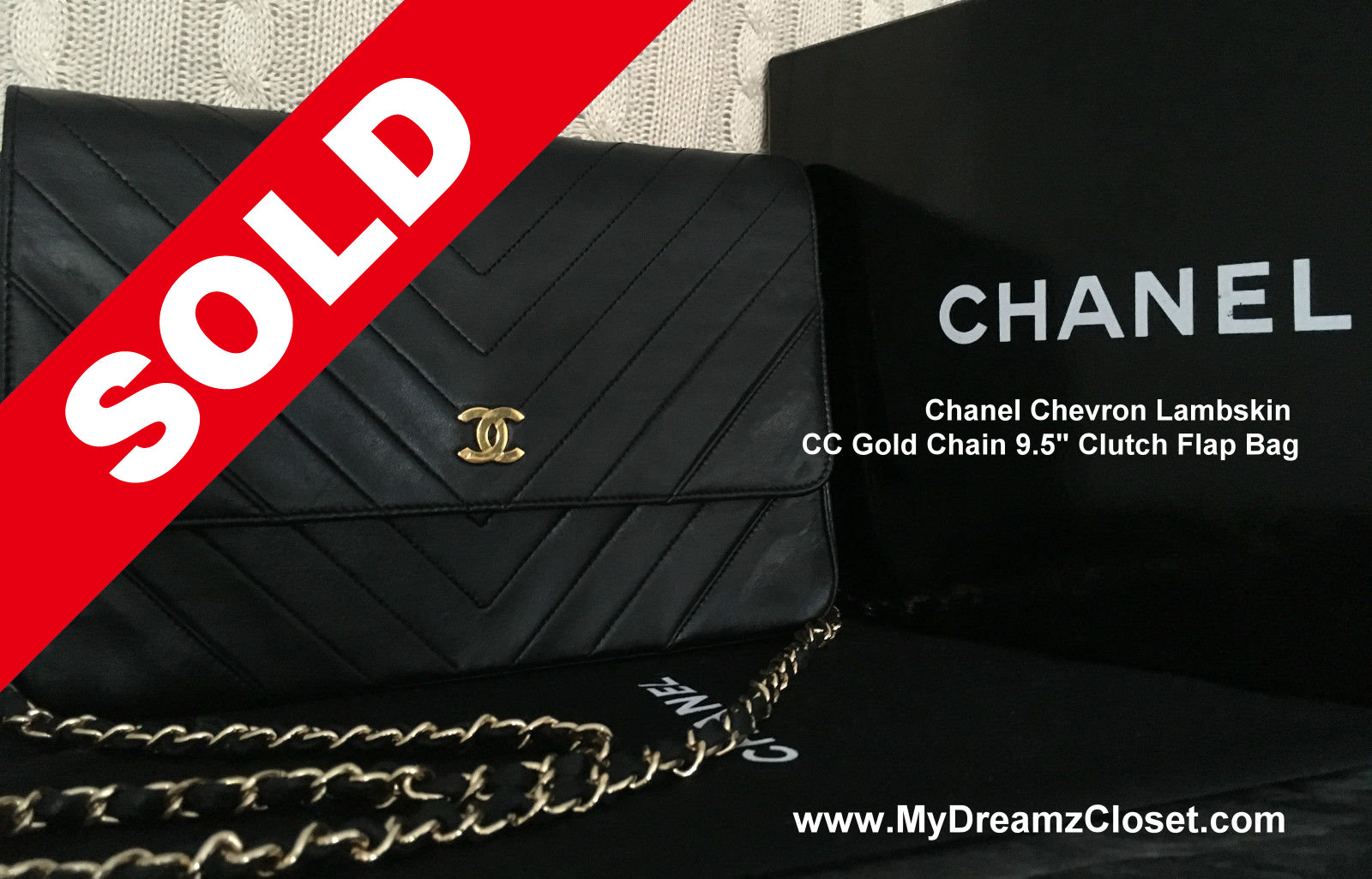100% CHANEL Classic Black Chevron Lambskin CC Gold Chain 9.5 Clutch Flap Bag