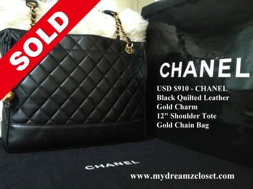 CHANEL Black Quilted Leather Gold Charm 12" Shoulder Tote Gold Chain Bag
