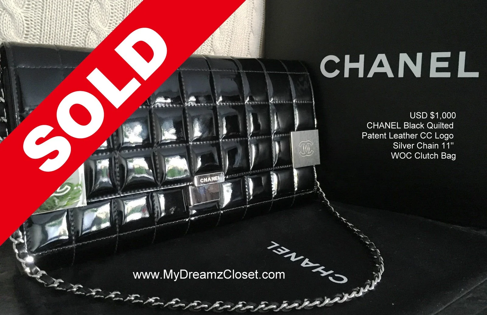 SOLD Patent 4 - 100% CHANEL Black Quilted Patent Leather CC Logo Silver Chain 11" WOC Clutch Bag