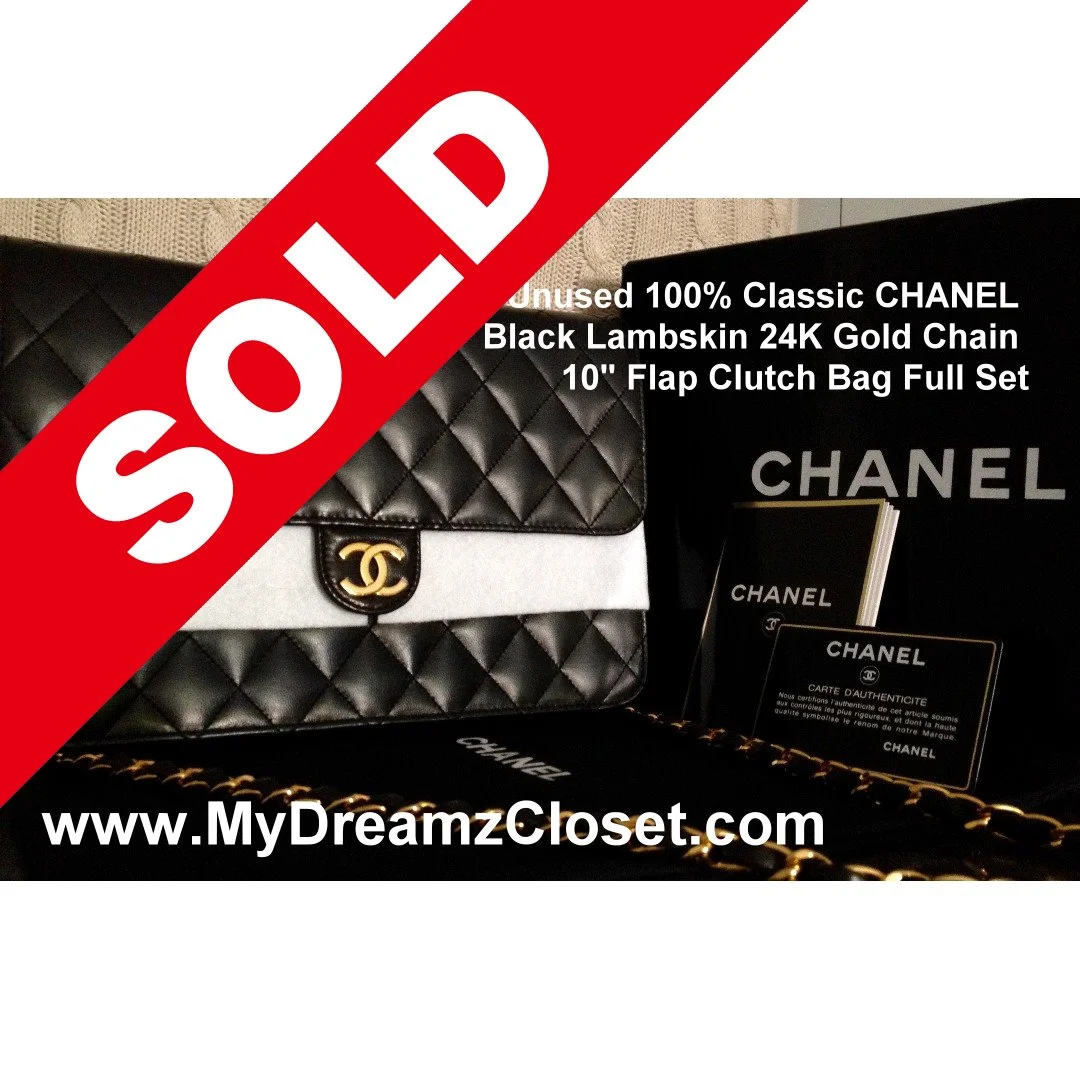 Unused 100% Classic CHANEL Black Lambskin 24K Gold Chain 10" Flap Clutch Bag Full Set