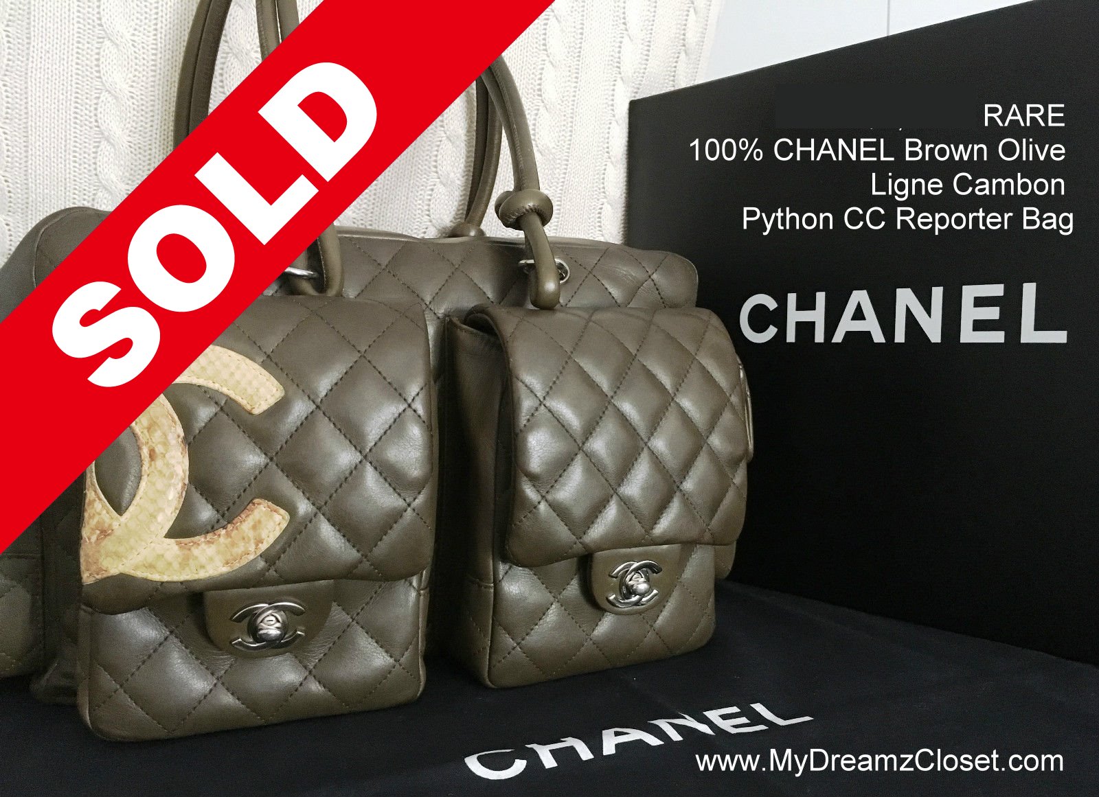 RARE 100% CHANEL Brown Olive Ligne Cambon Python CC Reporter Bag