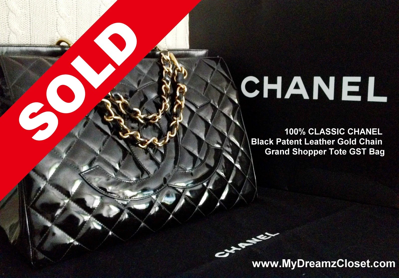 SOLD Patent 5 - 100% CLASSIC CHANEL Black Patent Leather Gold Chain Grand Shopper Tote GST Bag