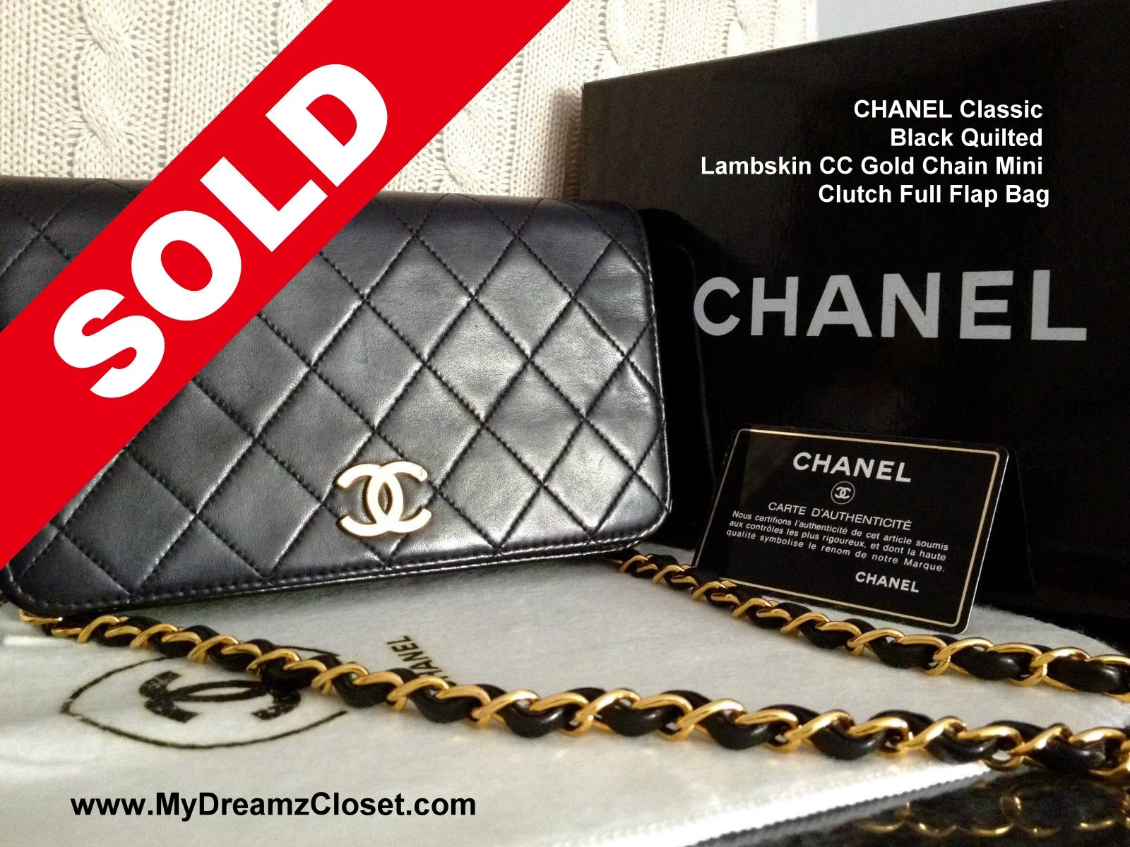 CHANEL Classic Black Quilted Lambskin CC Gold Chain Mini Clutch Full Flap Bag