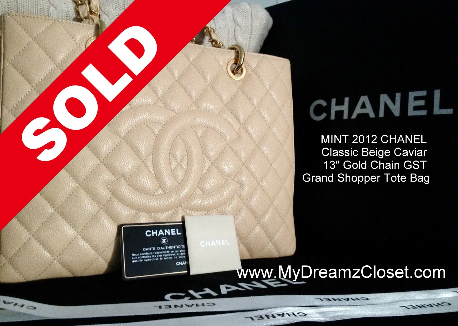 SOLD Caviar 8 - MINT 2012 CHANEL Classic Beige Caviar 13" Gold Chain GST Grand Shopper Tote Bag