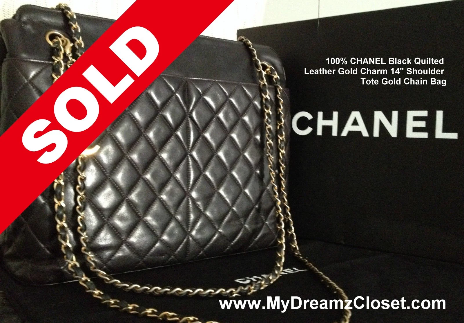 100% CHANEL Black Quilted Leather Gold Charm 14" Shoulder Tote Gold Chain Bag