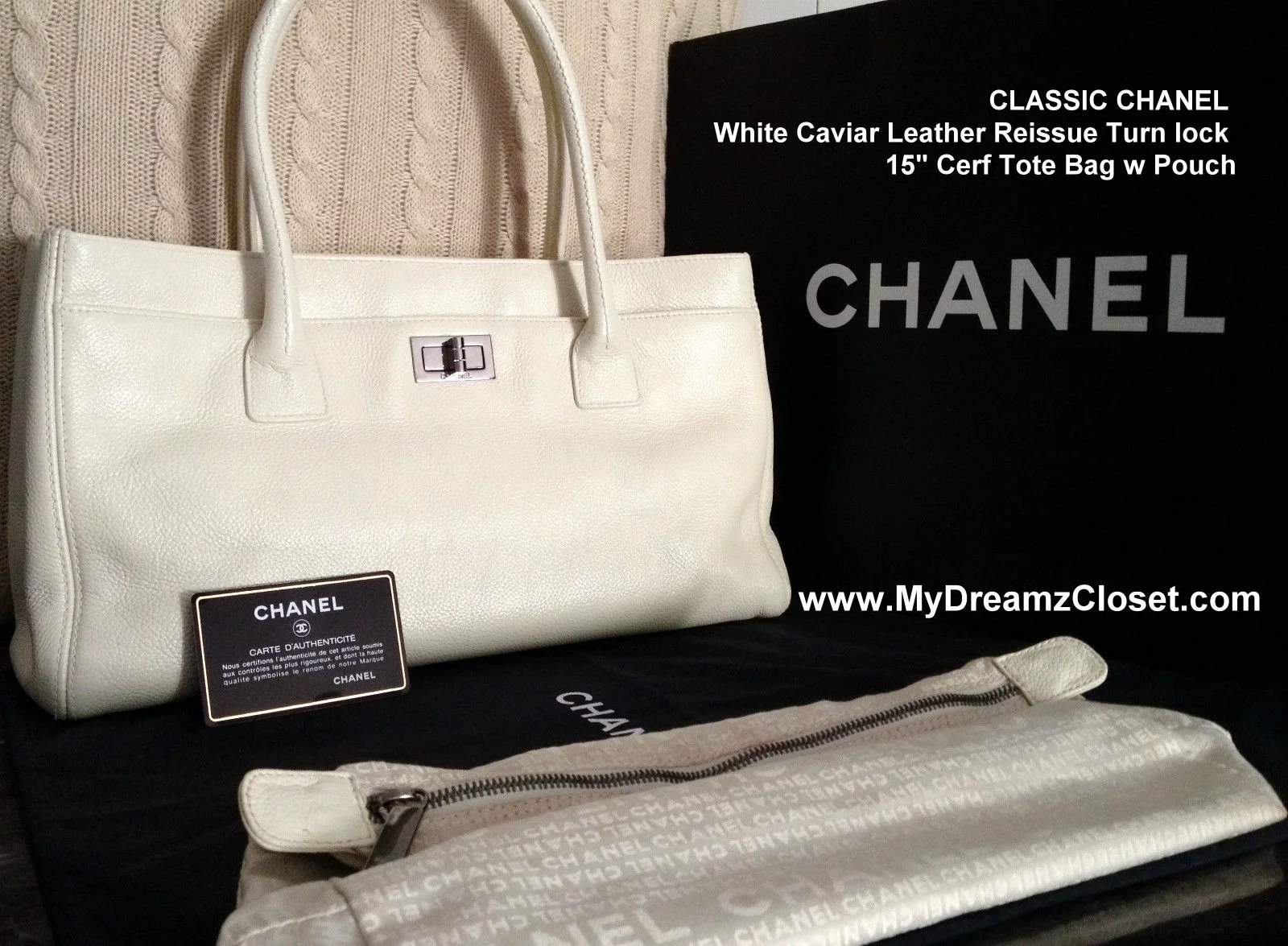 CLASSIC CHANEL White Caviar Leather Reissue Turn lock 15" Cerf Tote Bag w Pouch