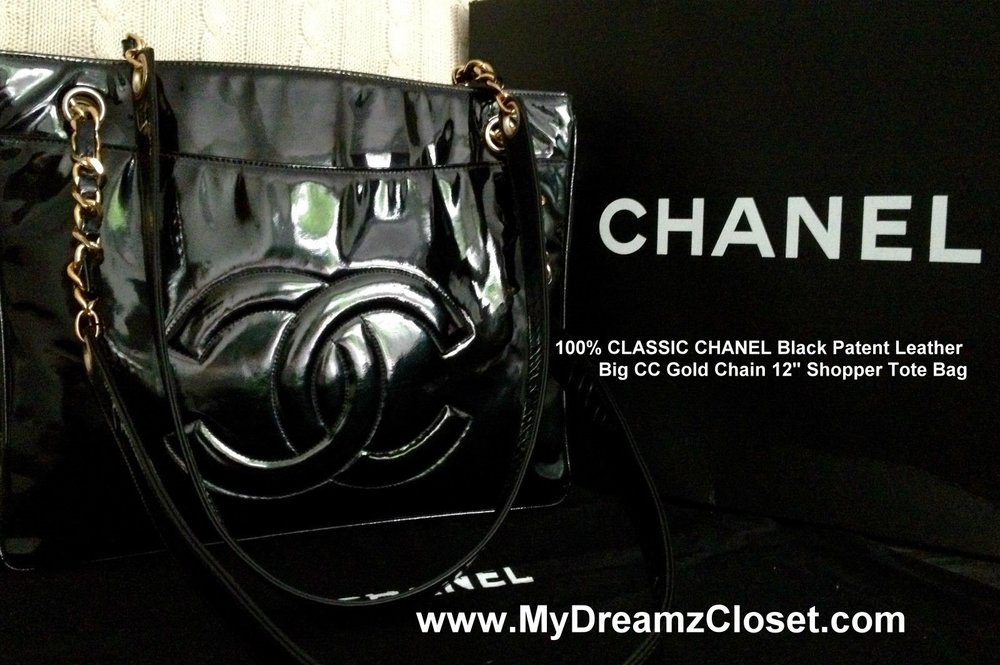 RESERVED - 100% CLASSIC CHANEL Black Patent Leather Big CC Gold Chain 12  Shopper Tote Bag - My Dreamz Closet